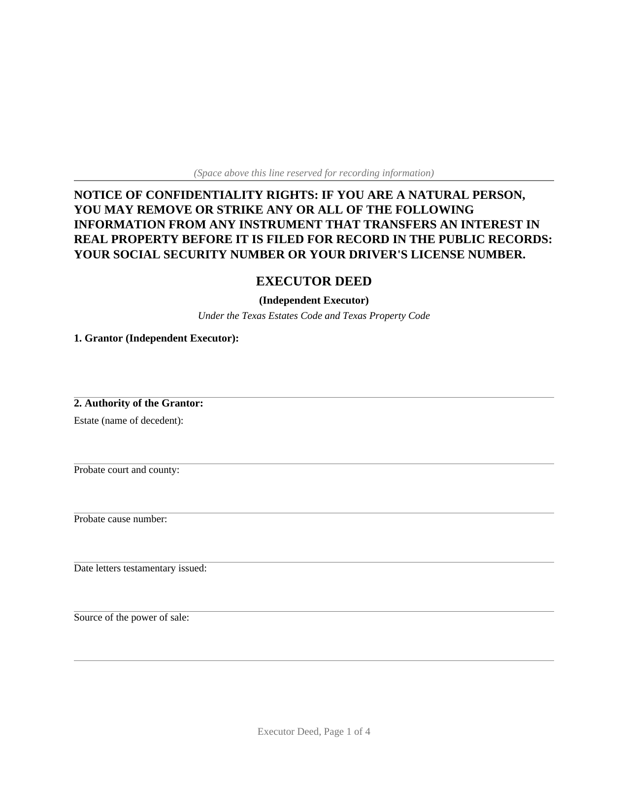 Walker County Executor Deed (Independent Executor) Form