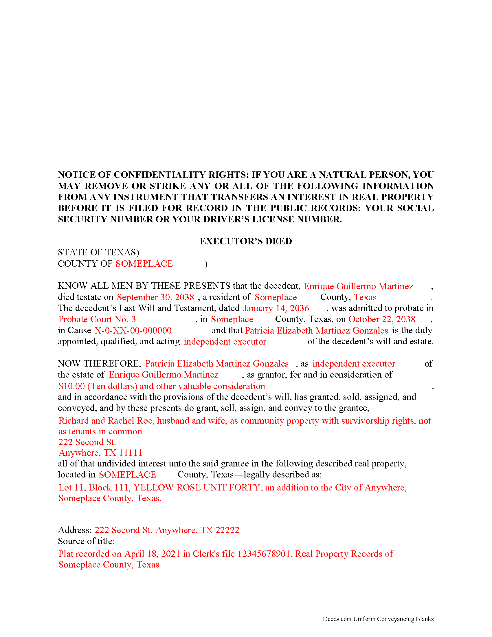 Freestone County Completed Example of the Executor Deed Document