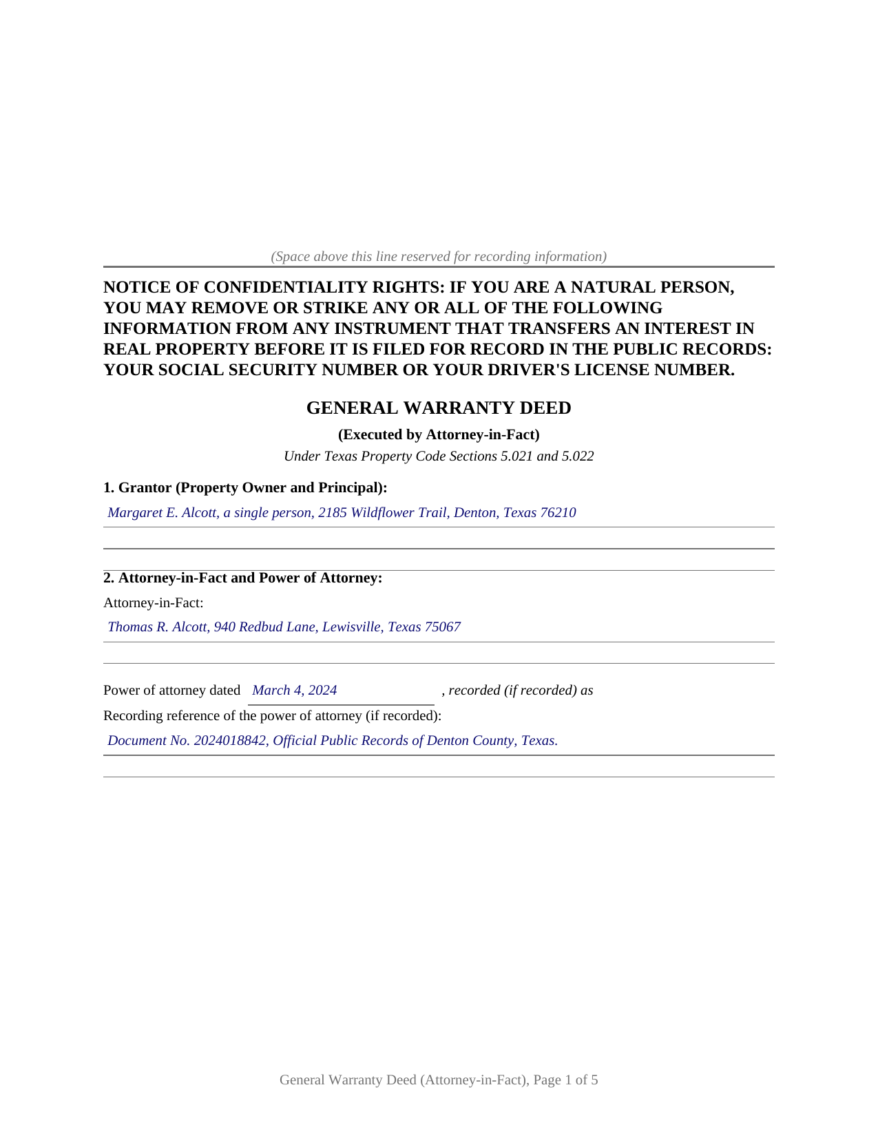 Delta County Completed Example of the General Warranty Deed (Executed by Attorney-in-Fact) Document