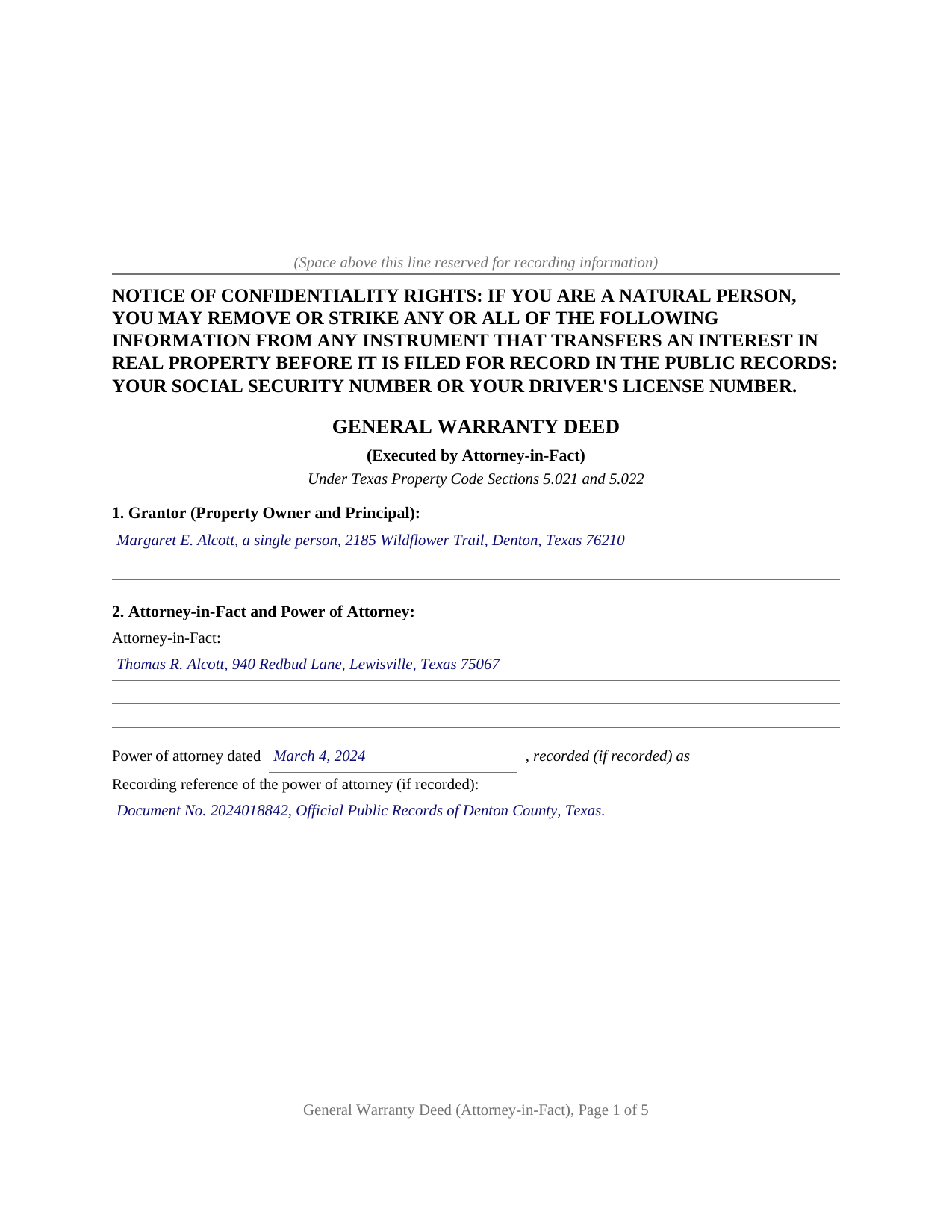 King County Completed Example of the General Warranty Deed (Executed by Attorney-in-Fact) Document