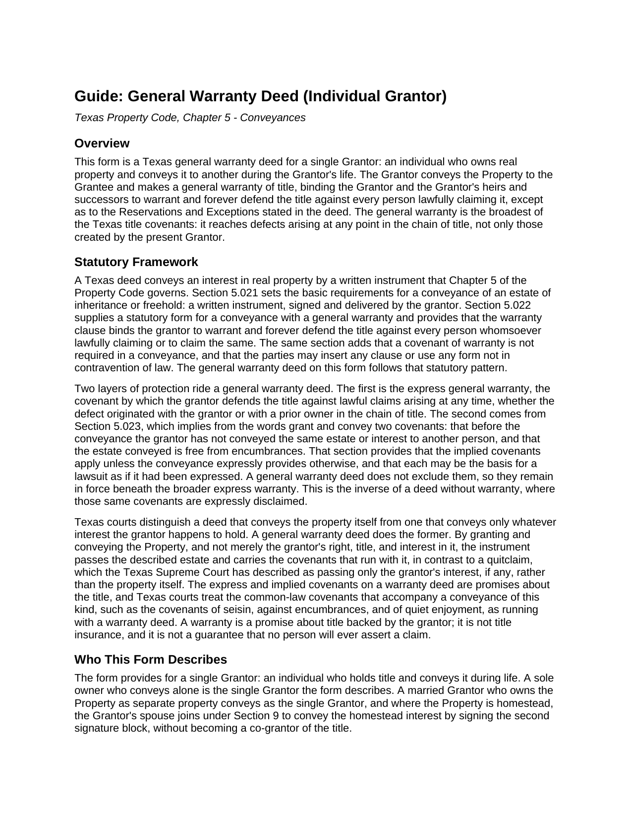 Randall County General Warranty Deed (Individual Grantor) Guide