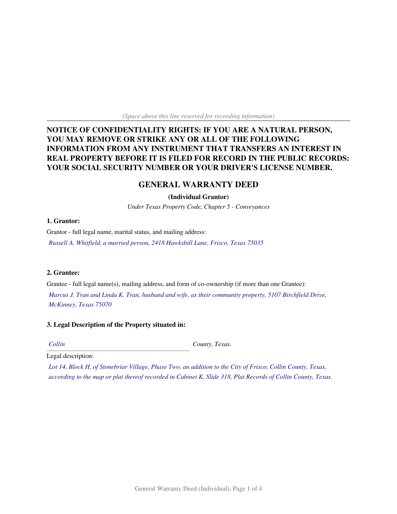 Randall County Completed Example of the General Warranty Deed (Individual Grantor) Document