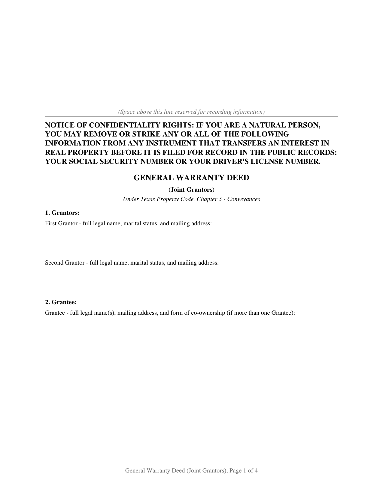 Castro County General Warranty Deed (Joint Grantors) Form