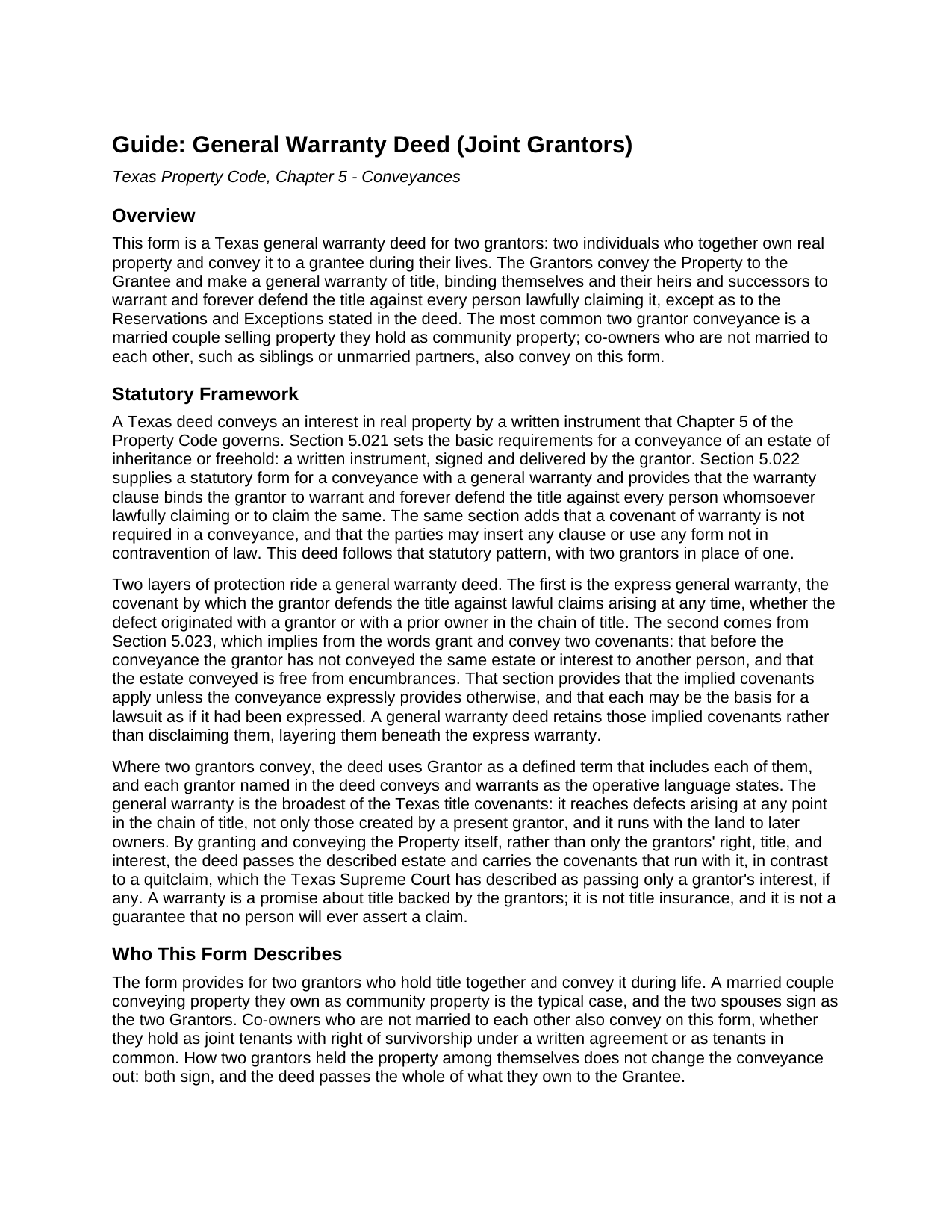 Castro County General Warranty Deed (Joint Grantors) Guide