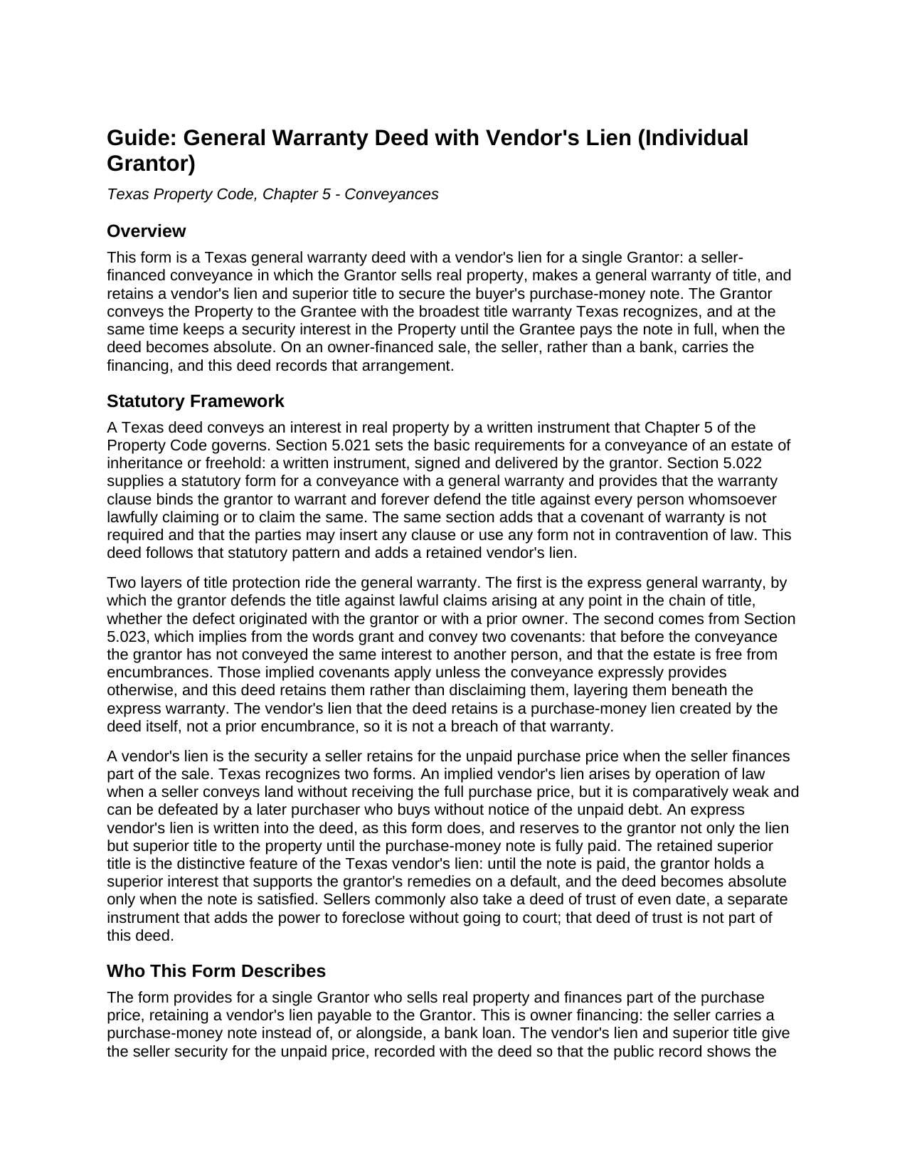 Castro County Completed Example of the General Warranty Deed with Vendor Lien (Individual Grantor) Document