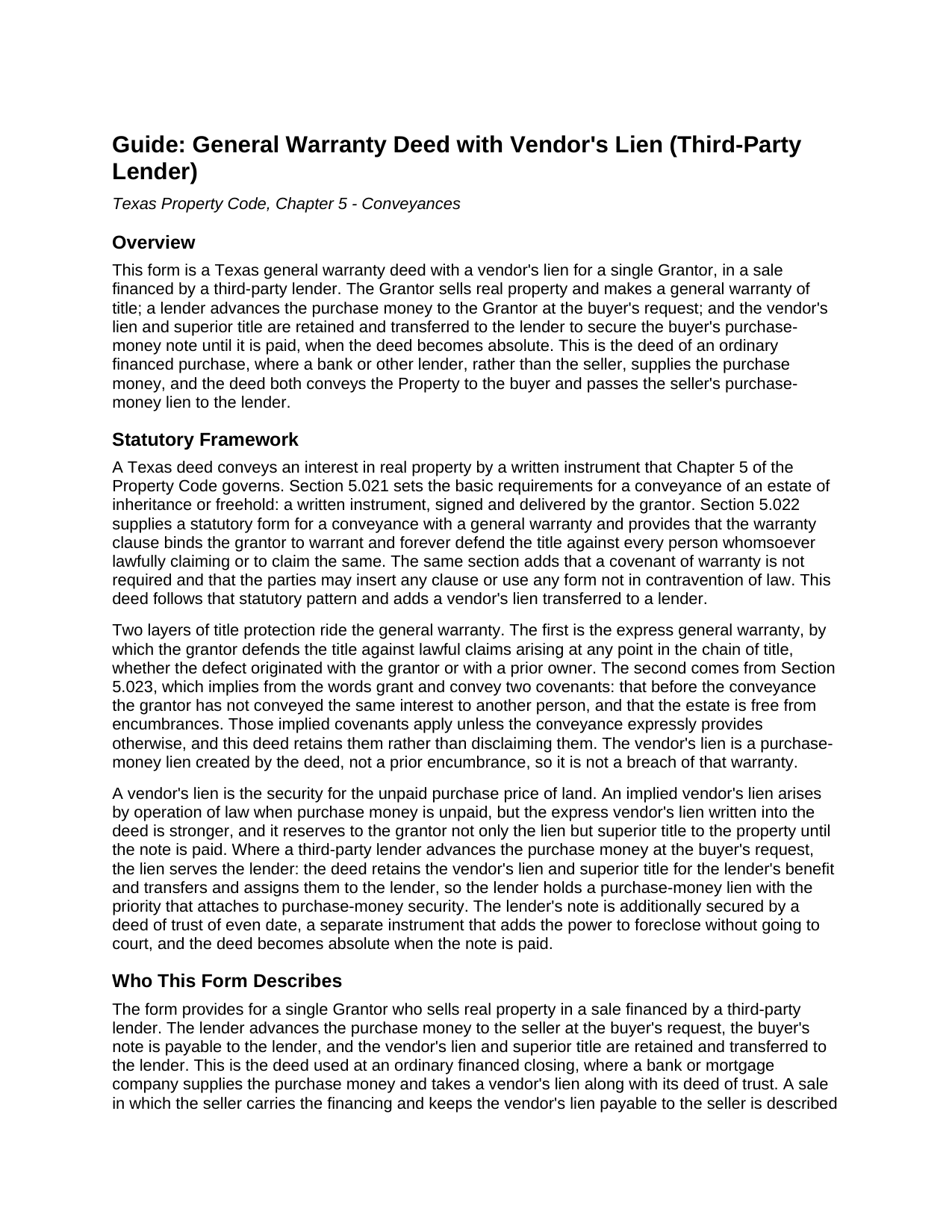 Castro County General Warranty Deed with Vendors Lien (Third-Party Lender) Guide