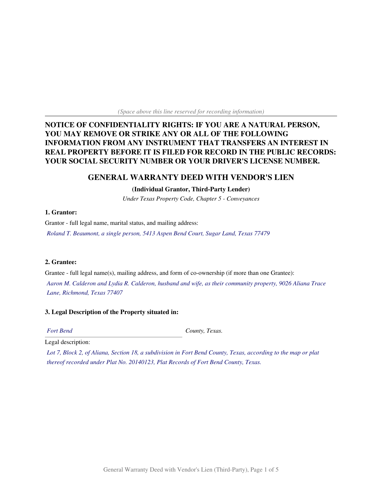 Castro County Completed Example of the General Warranty Deed with Vendors Lien (Third-Party Lender) Document