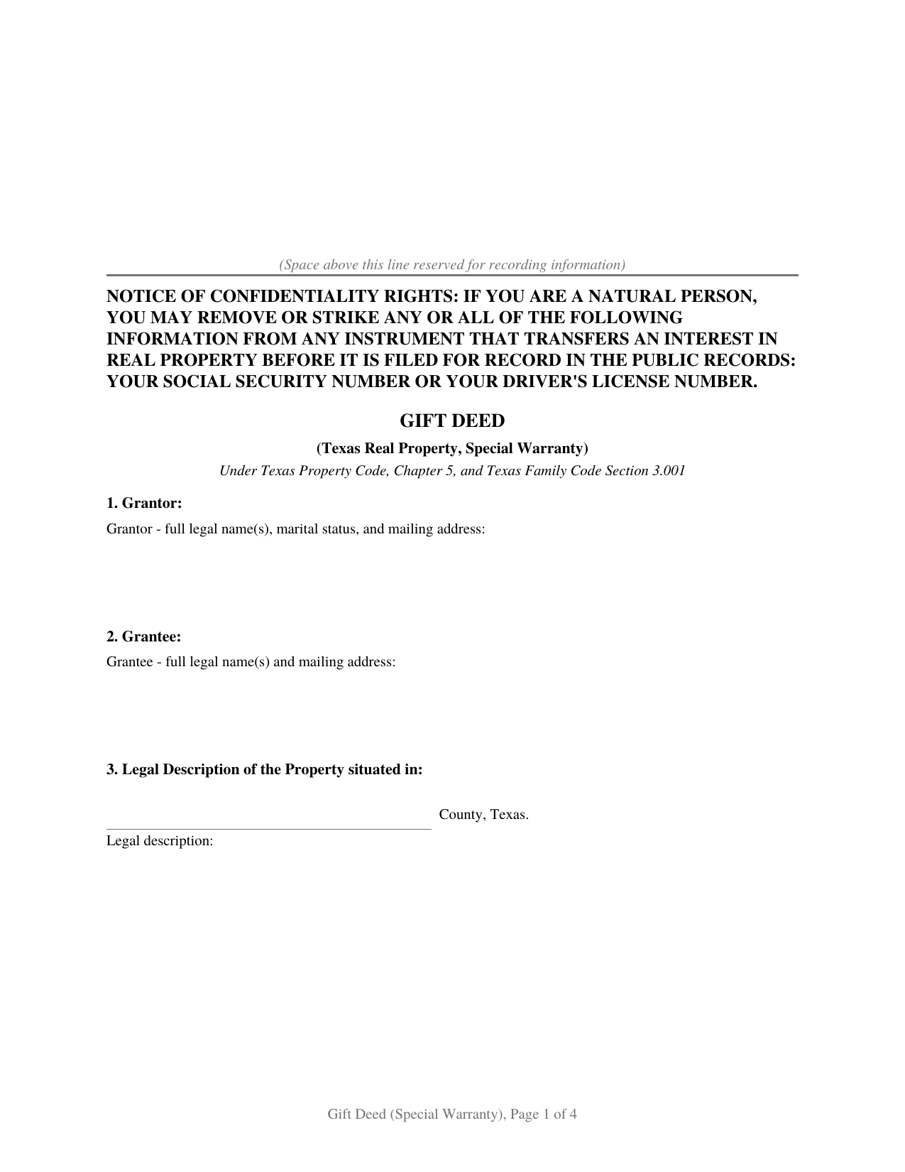 Smith County Gift Deed Special Warranty Form