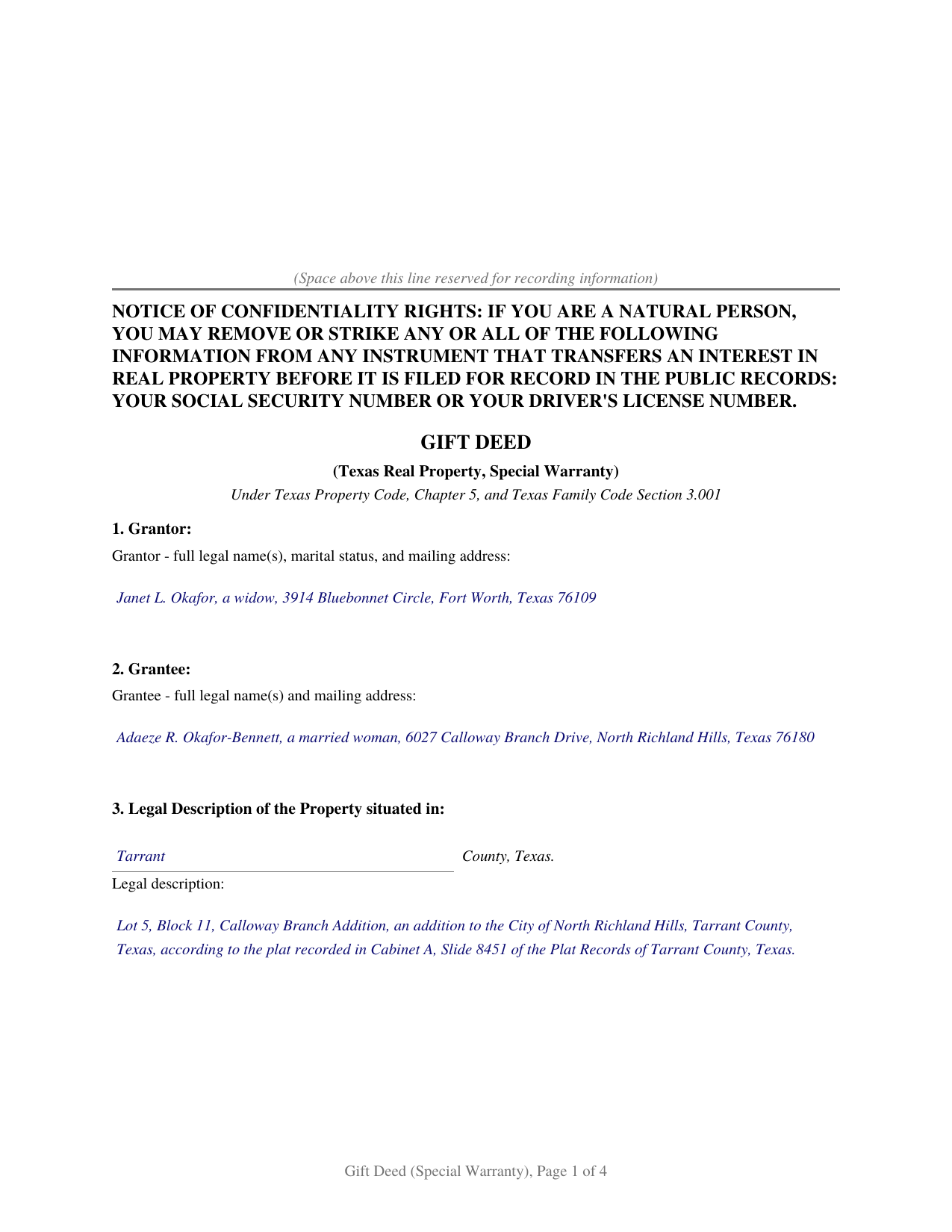 Smith County Completed Example of the Gift Deed Special Warranty Document
