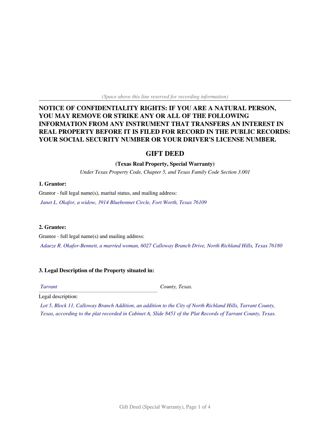 Delta County Completed Example of the Gift Deed Special Warranty Document