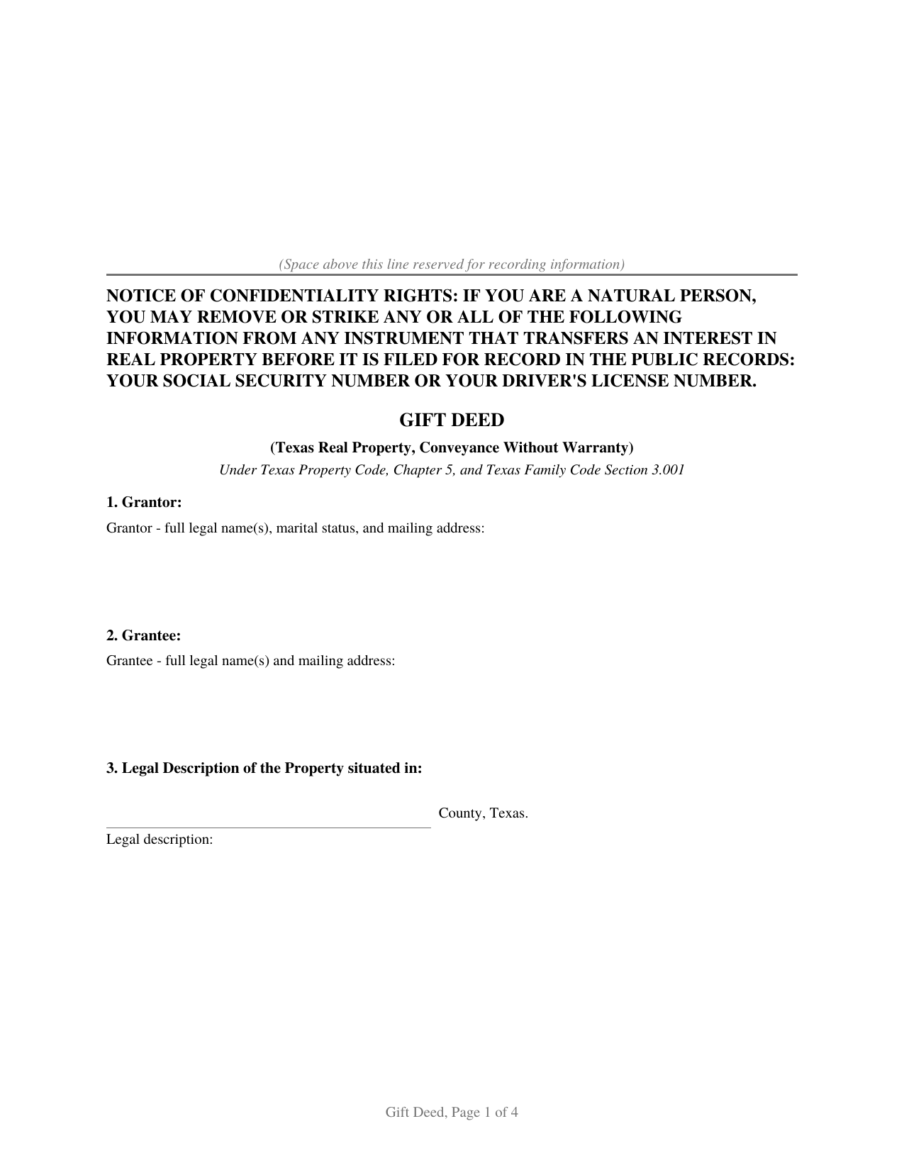 Travis County Gift Deed Without Warranty Form