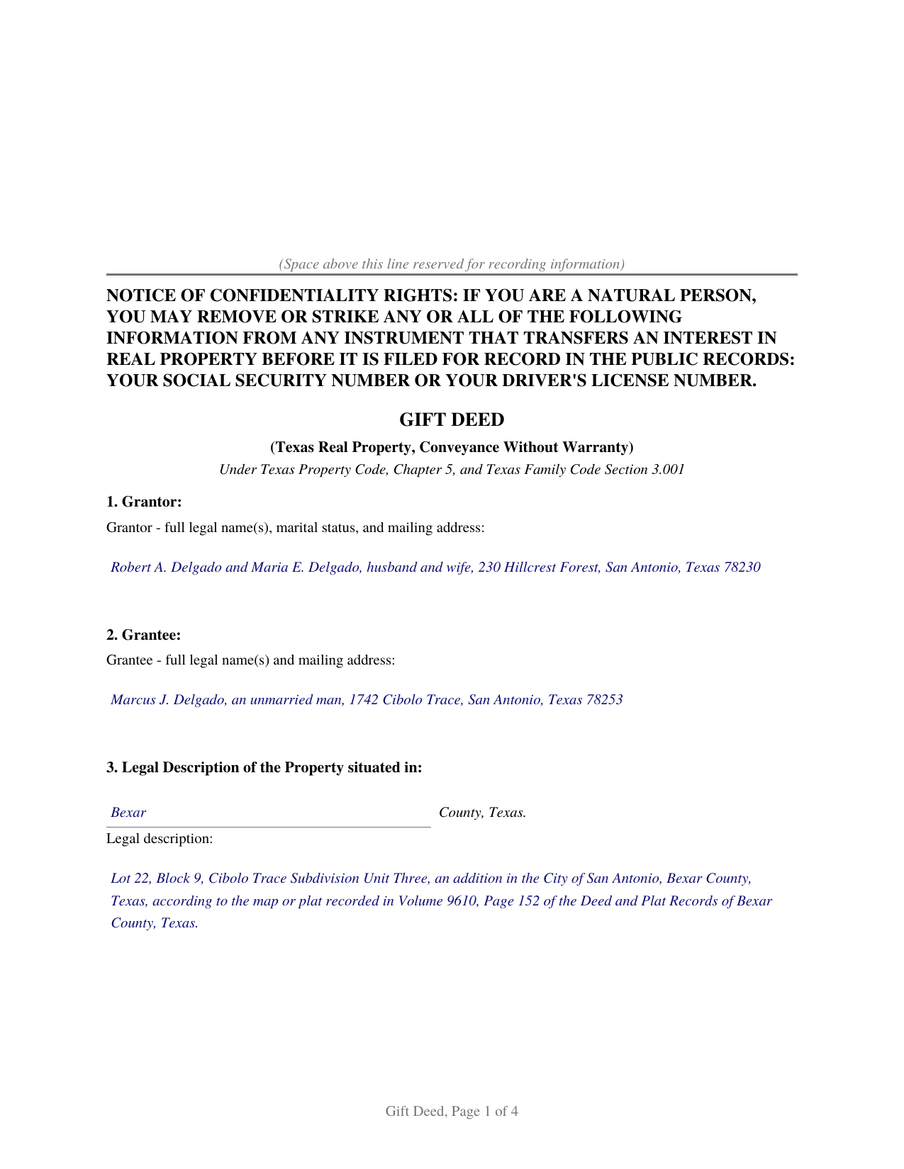 Travis County Completed Example of the Gift Deed Without Warranty Document