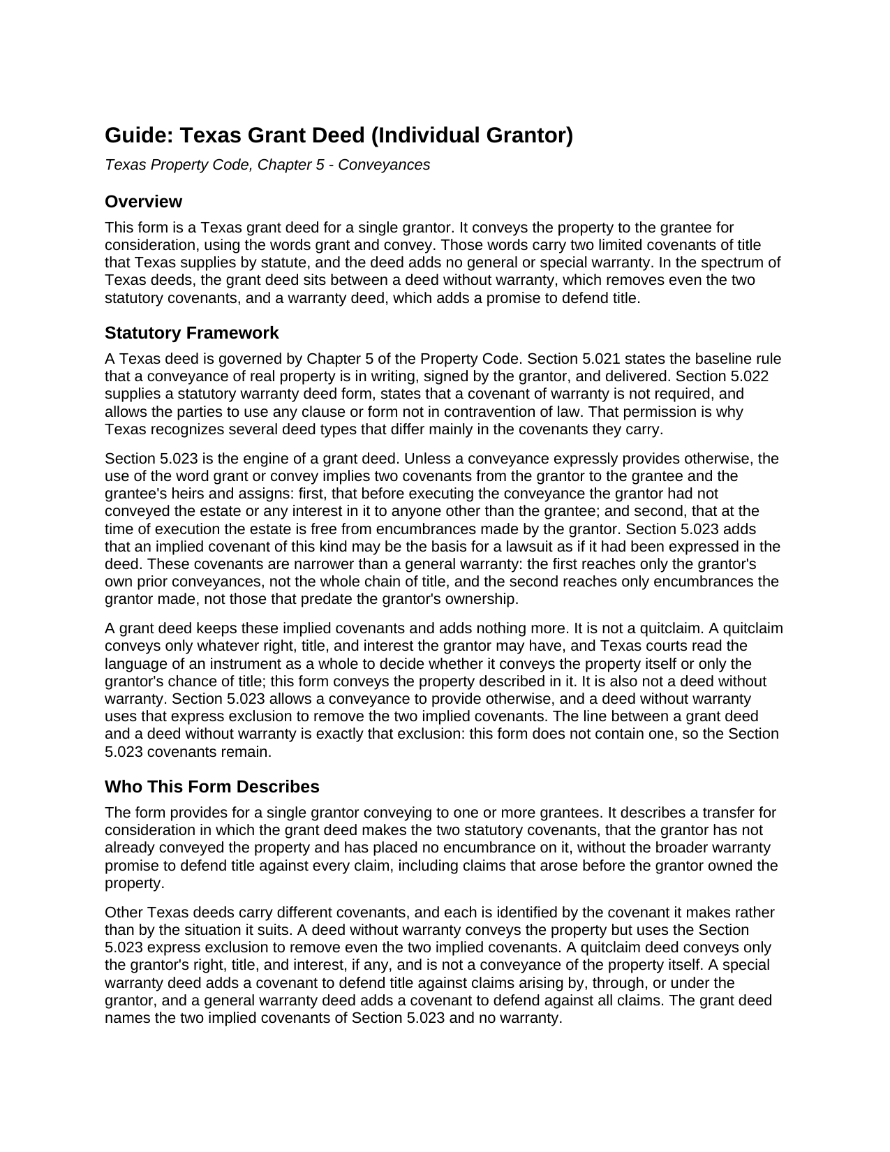 Castro County Grant Deed (Individual Grantor) Guide