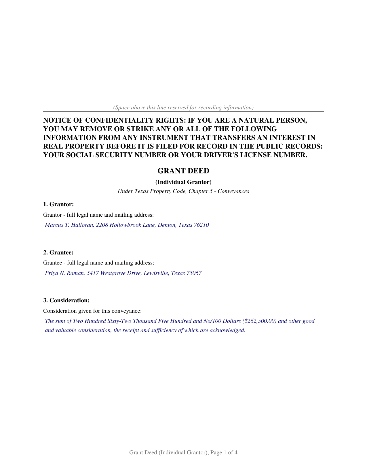 Castro County Completed Example of the Grant Deed (Individual Grantor) Document