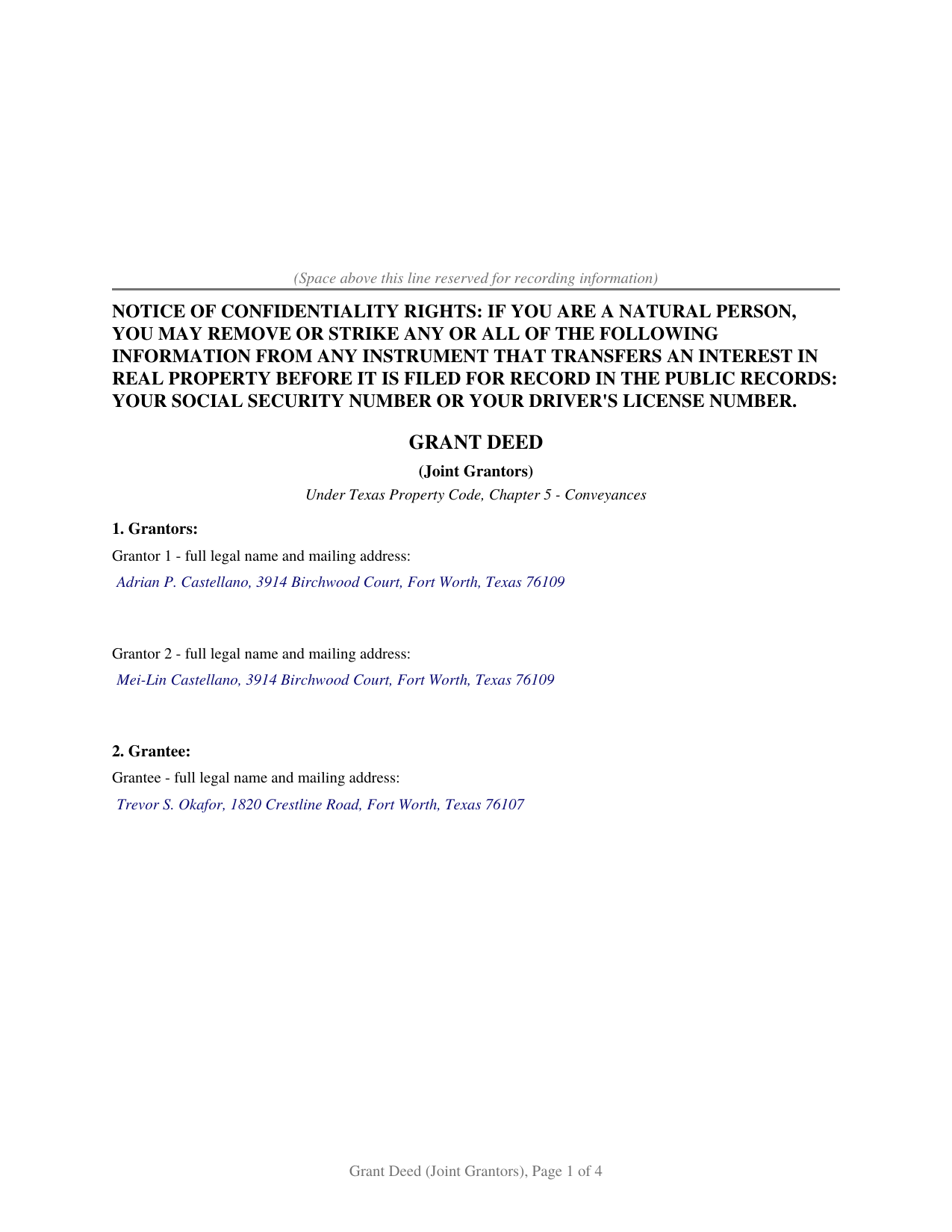 Castro County Completed Example of the Grant Deed (Joint Grantors) Document