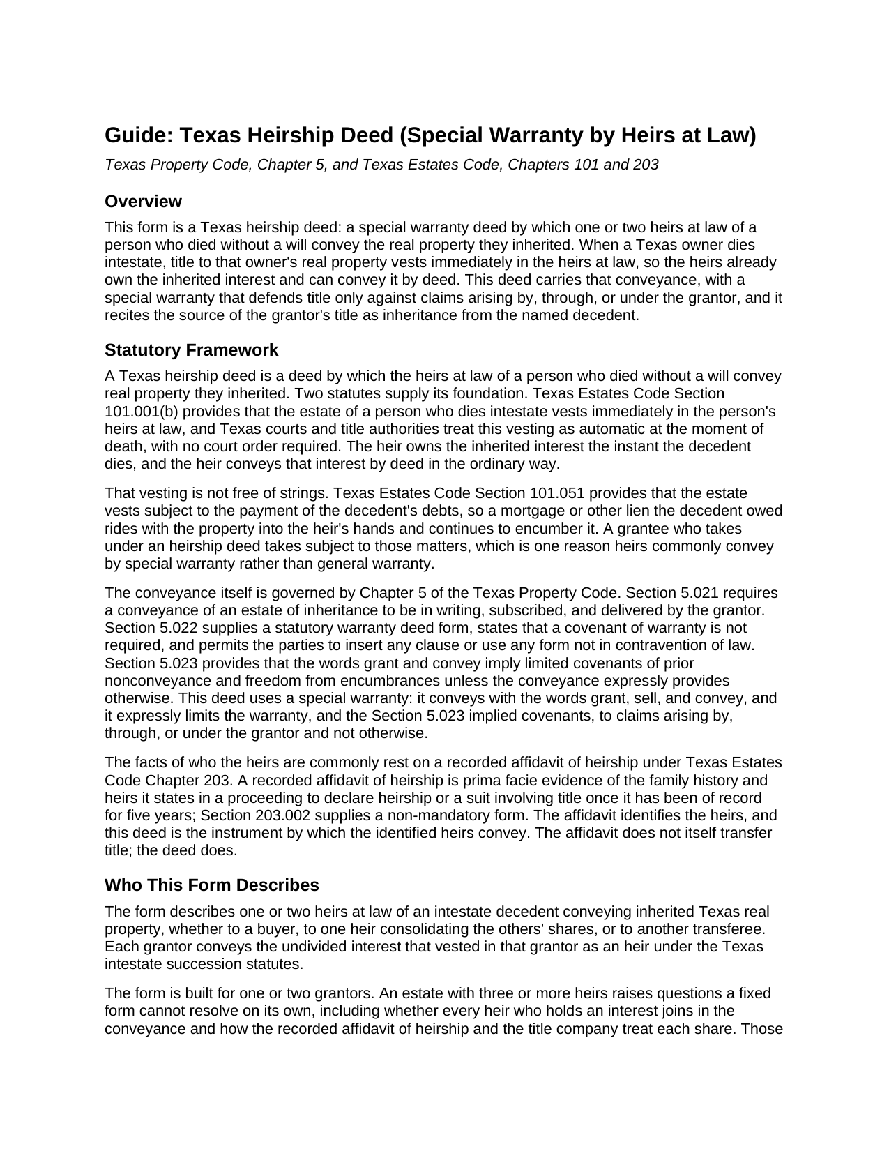Sterling County Heirship Deed (Special Warranty by Heirs) Guide