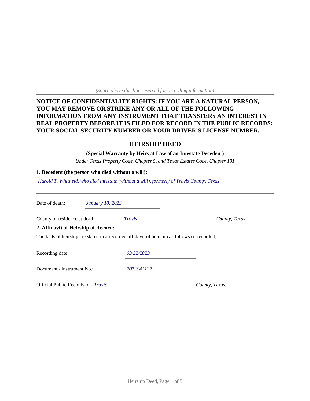 Sterling County Completed Example of the Heirship Deed (Special Warranty by Heirs) Document