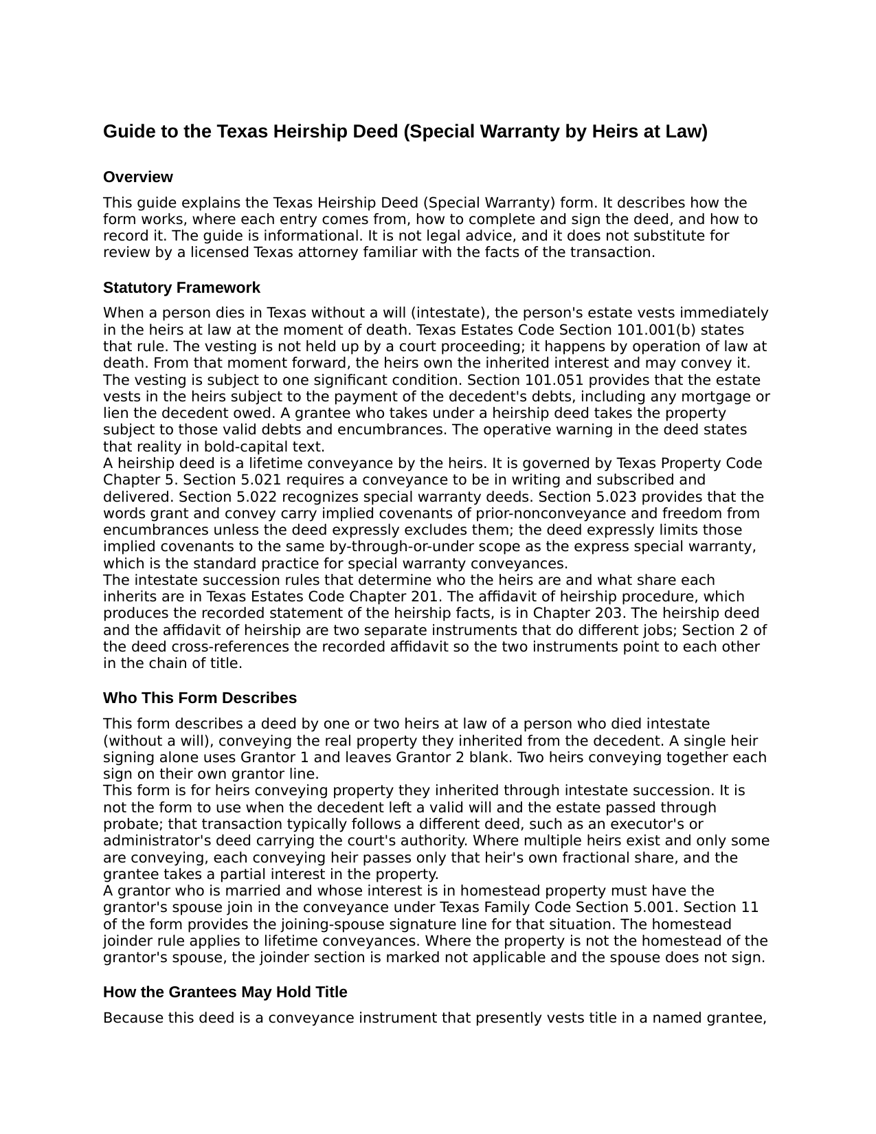Deaf Smith County Heirship Deed (Special Warranty by Heirs) Guide