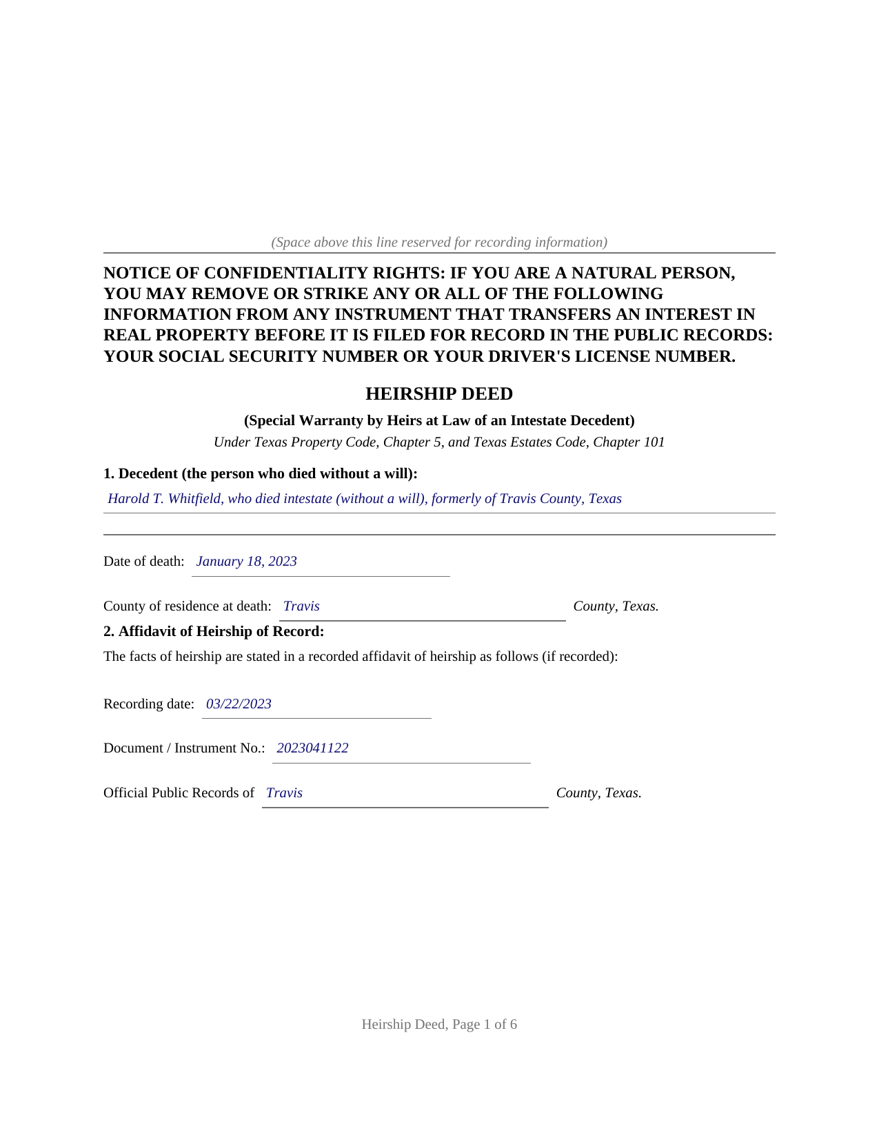 Deaf Smith County Completed Example of the Heirship Deed (Special Warranty by Heirs) Document