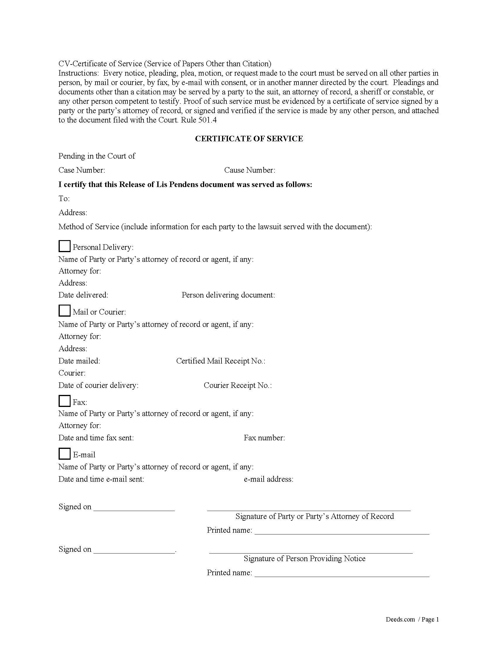 Certificate of Service Form