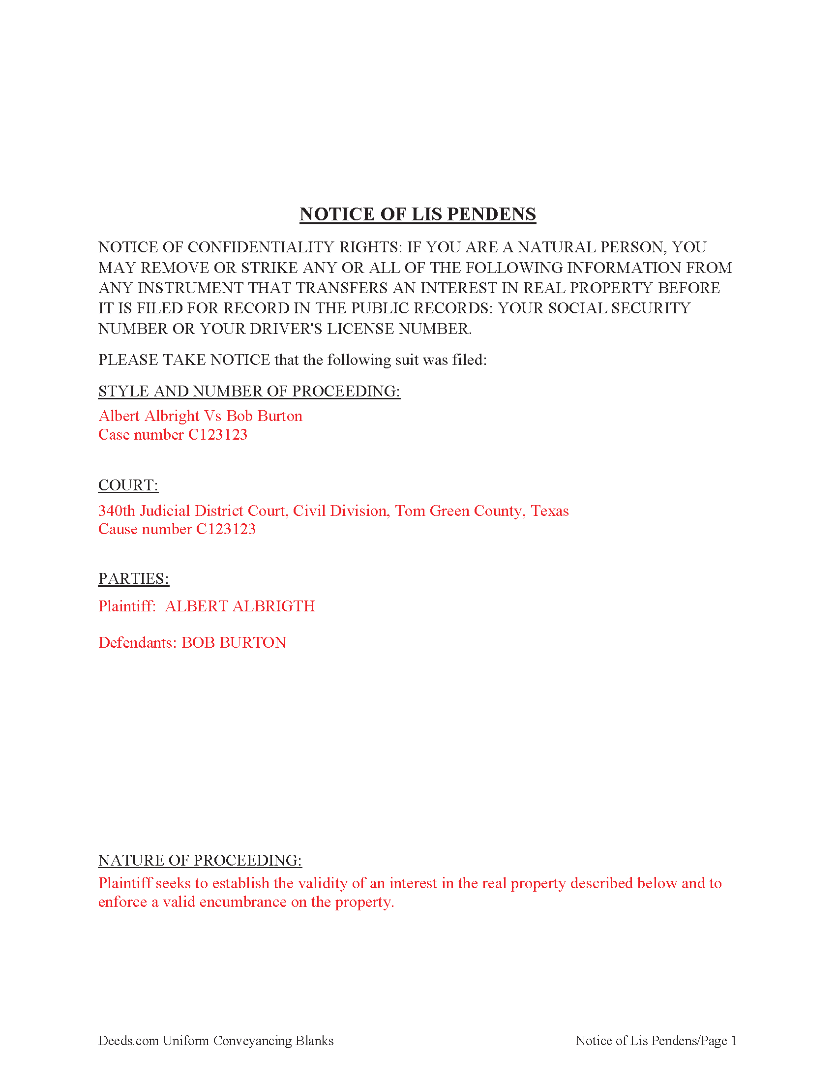 Midland County Completed Example of the Lis Pendens Document