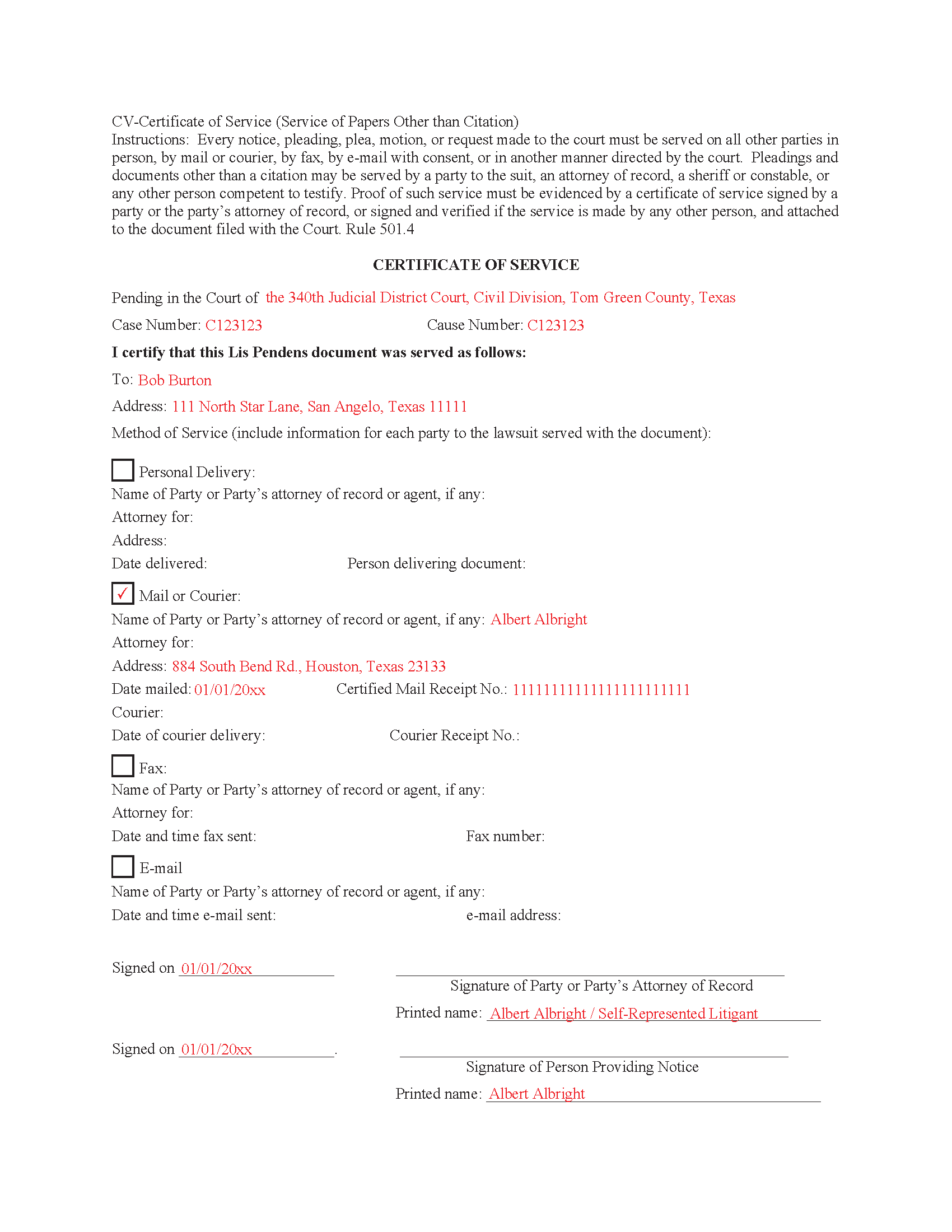 Midland County Completed Example of the Certificate of Service Document