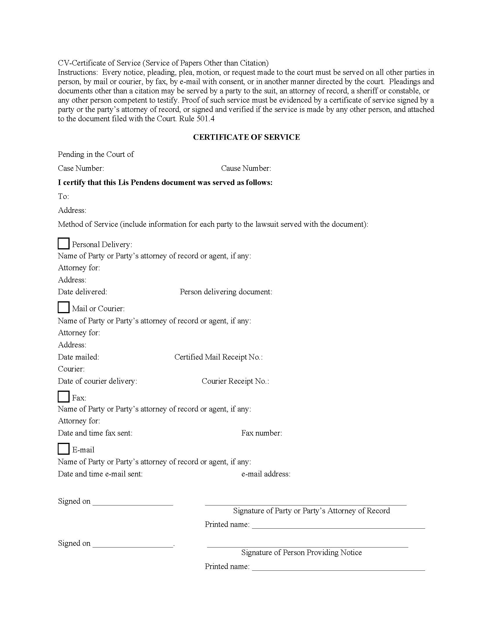 Certificate of Service Form