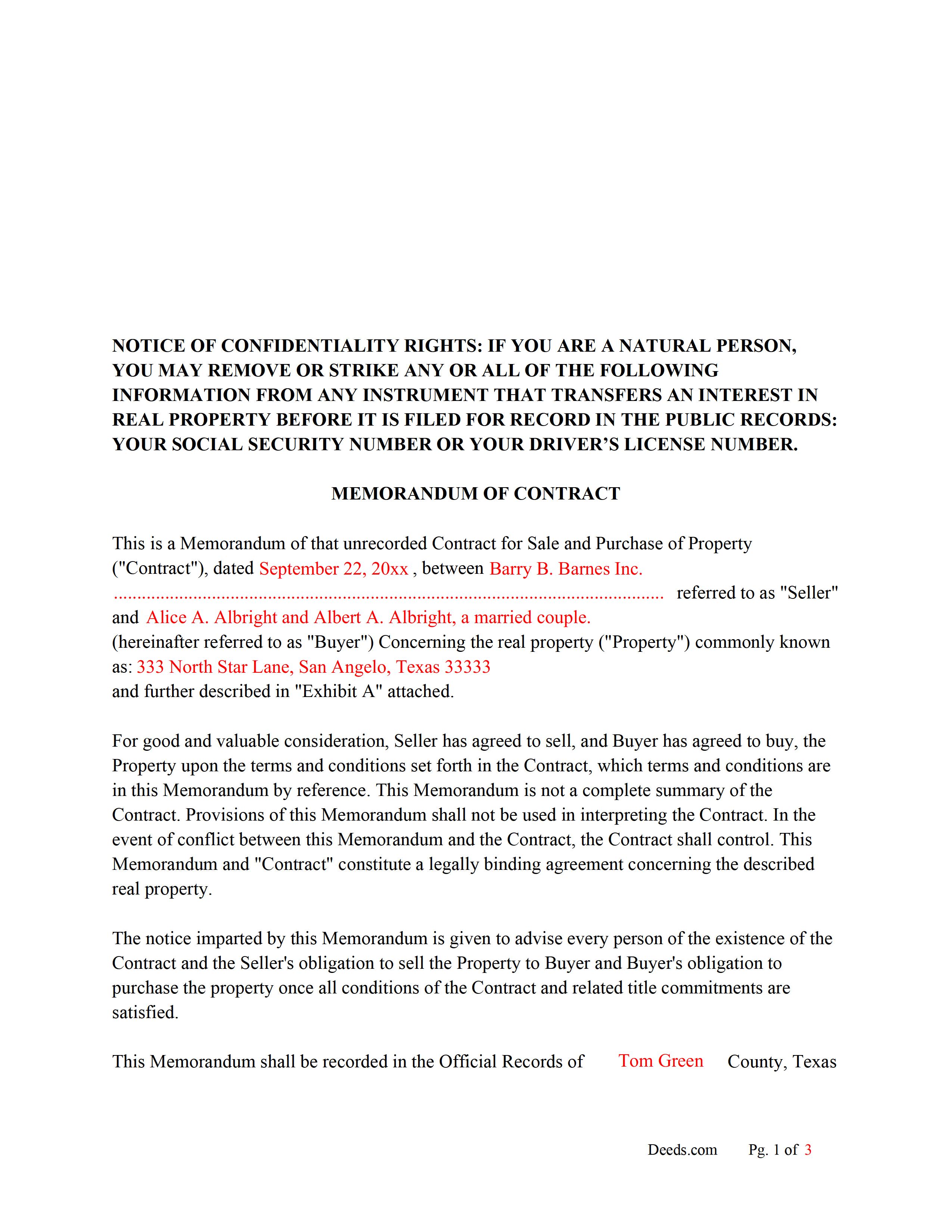Milam County Completed Example of the Memorandum