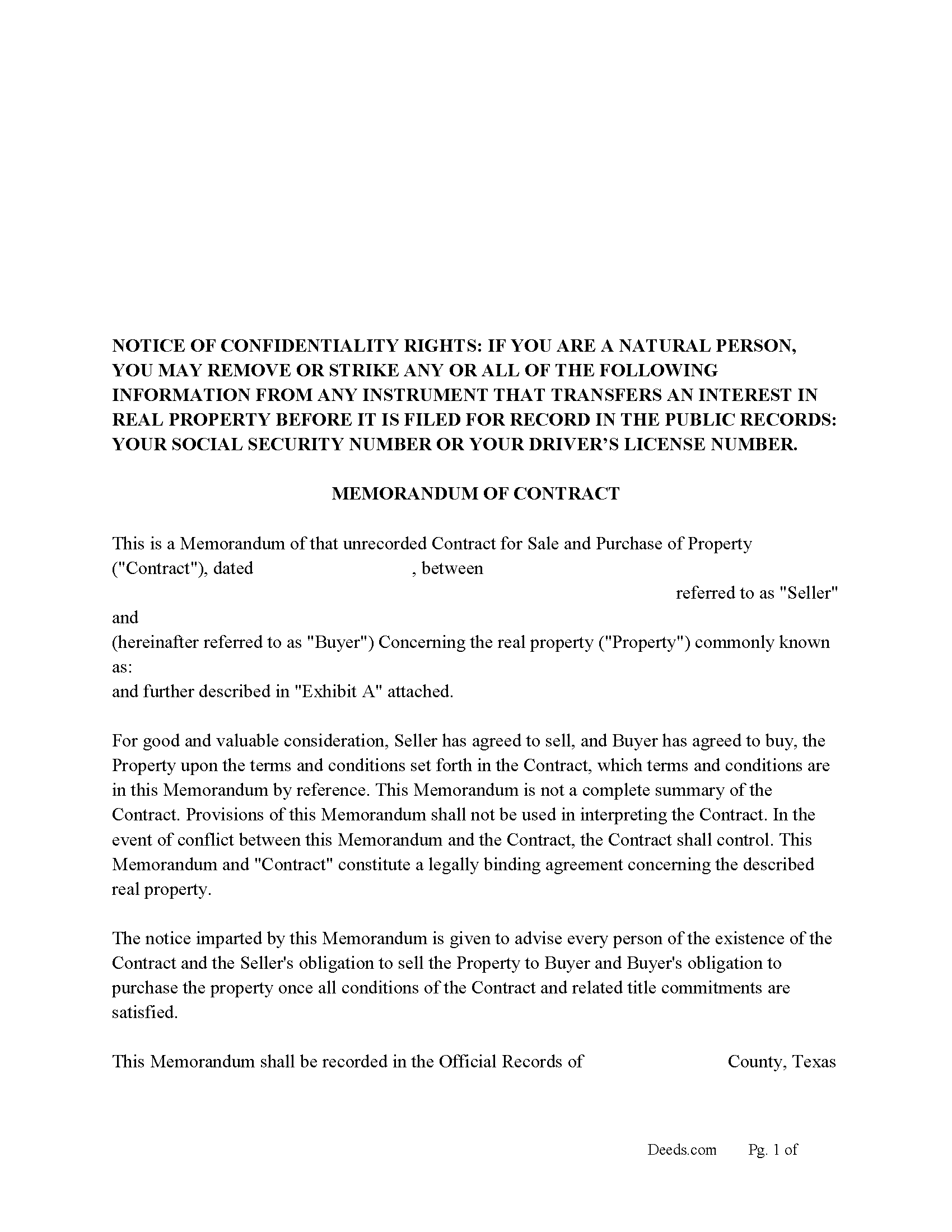 Milam County Memorandum of a Contract Form