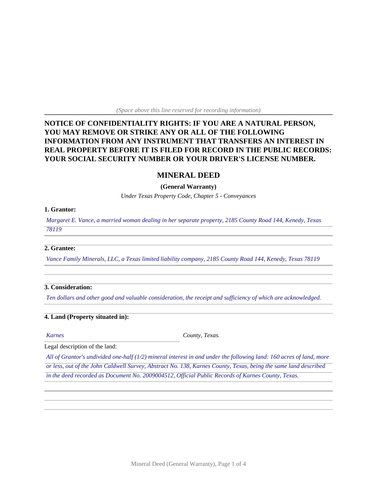 Sterling County Completed Example of the Mineral Deed (General Warranty) Document