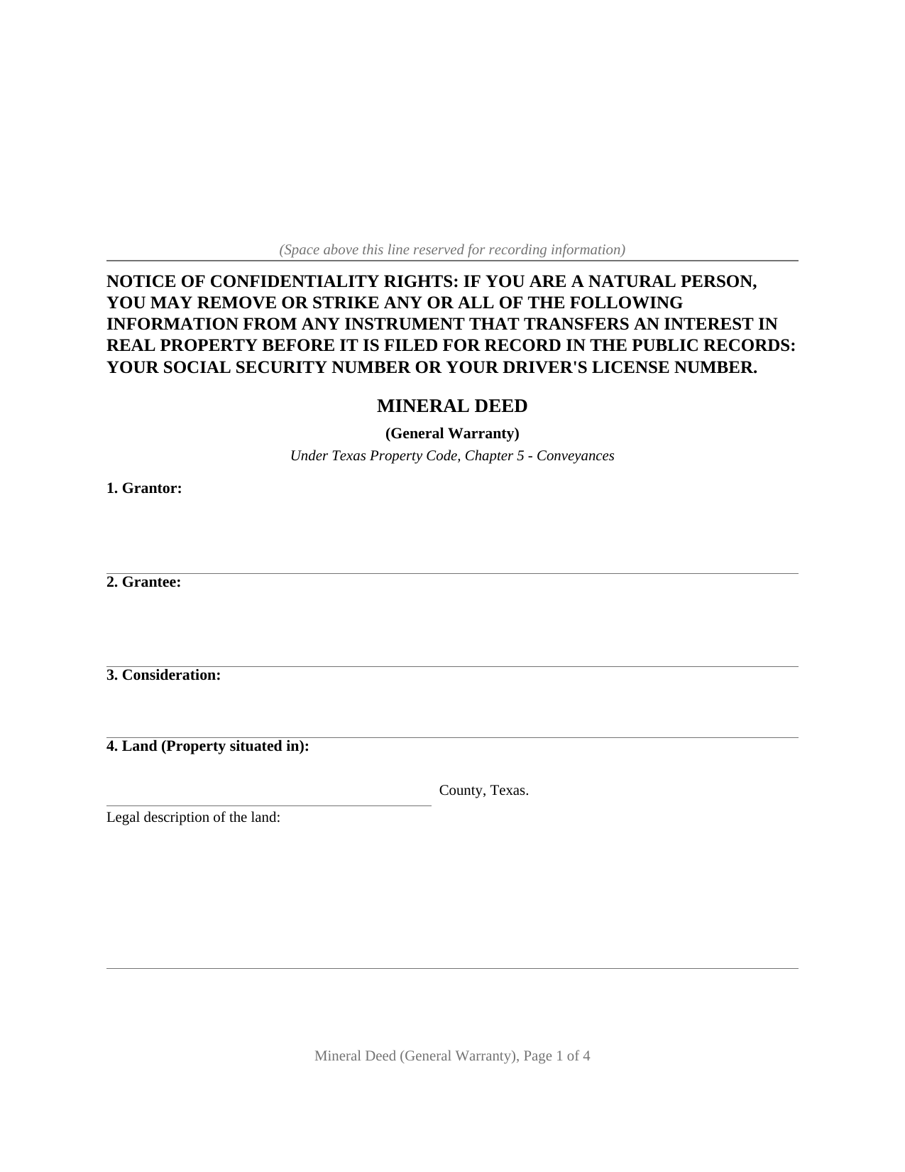 Clay County Mineral Deed (General Warranty) Form