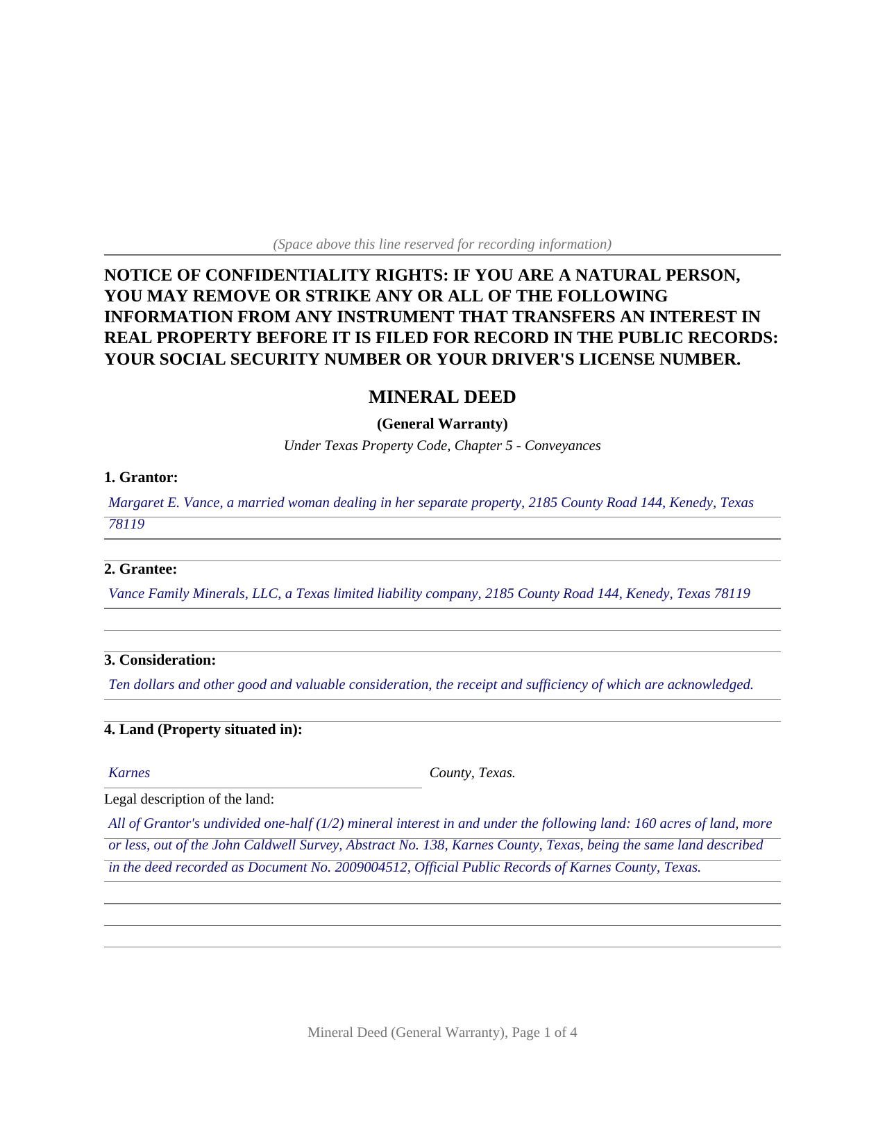Clay County Completed Example of the Mineral Deed (General Warranty) Document