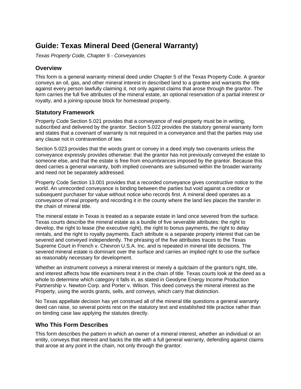 Clay County Mineral Deed (General Warranty) Guide
