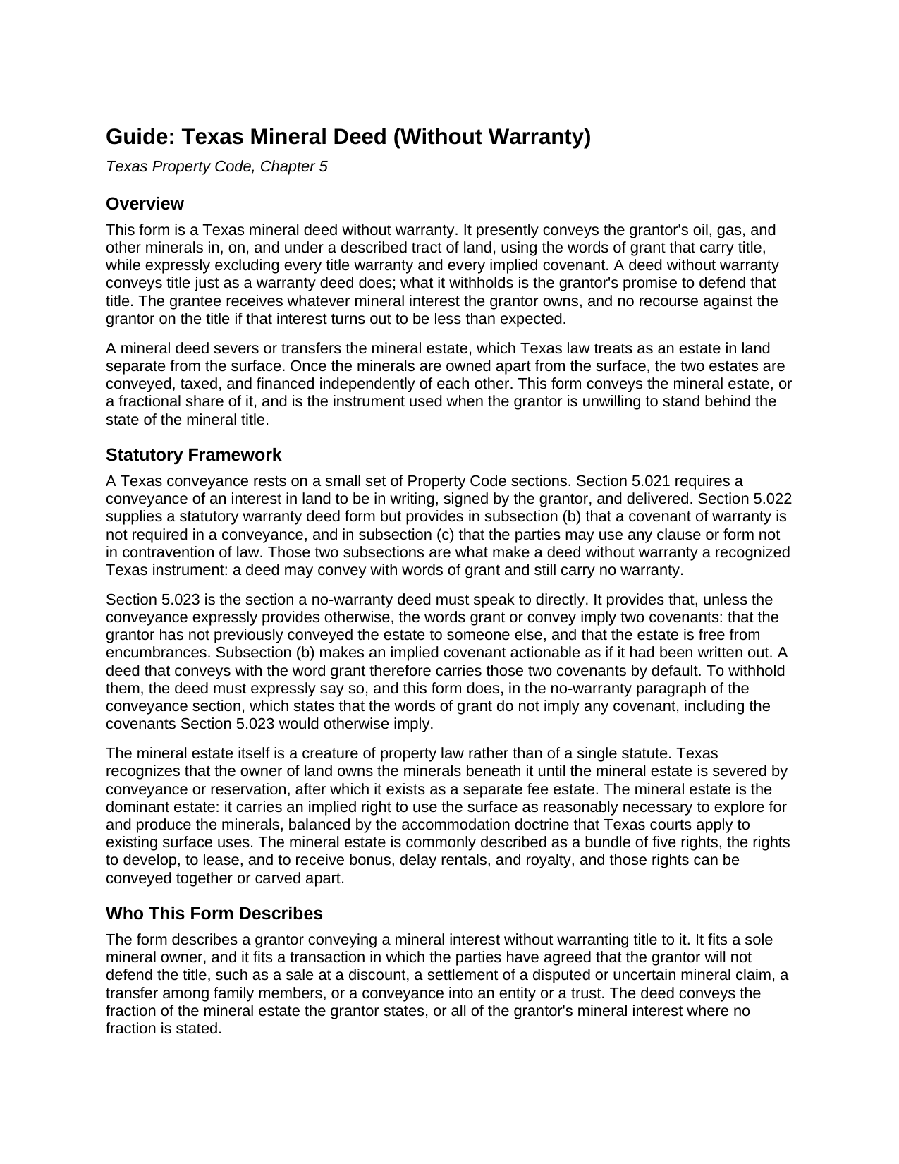 Gillespie County Mineral Deed (No Warranty) Guide