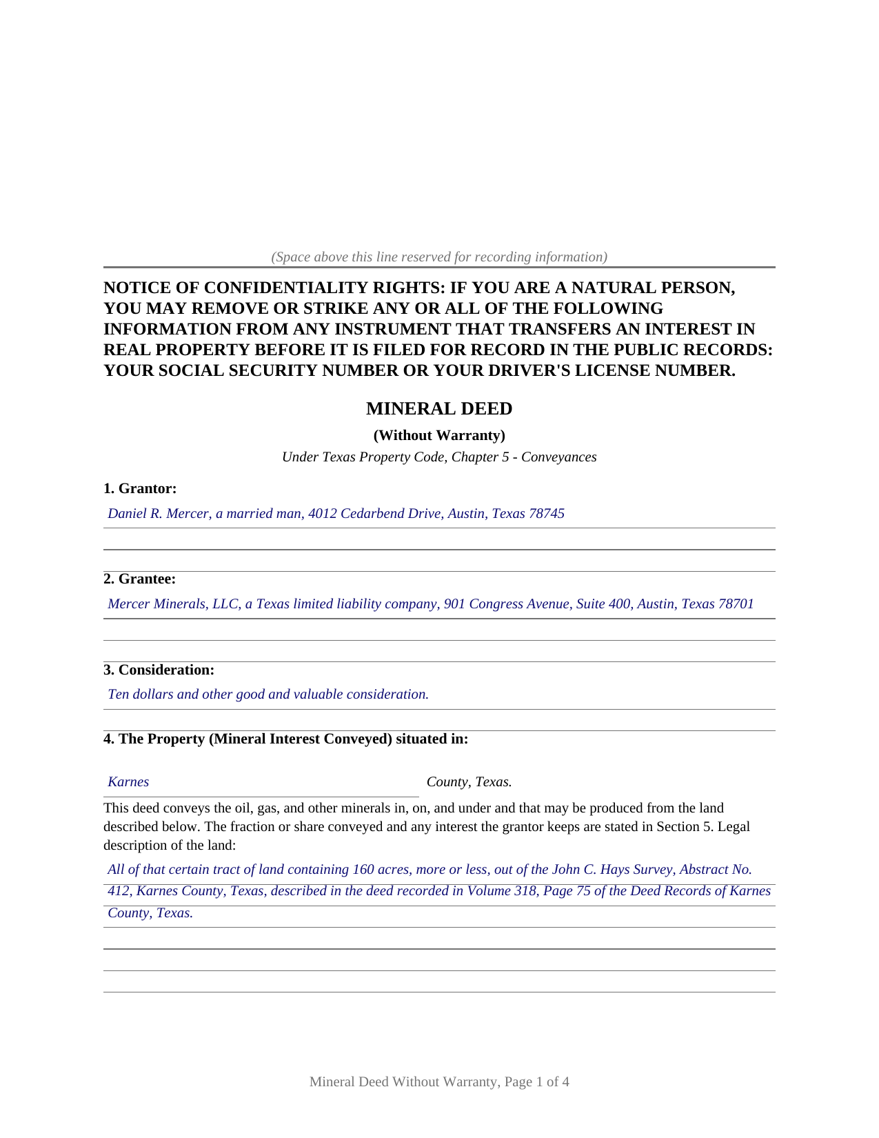 Gillespie County Completed Example of the Mineral Deed (No Warranty) Document