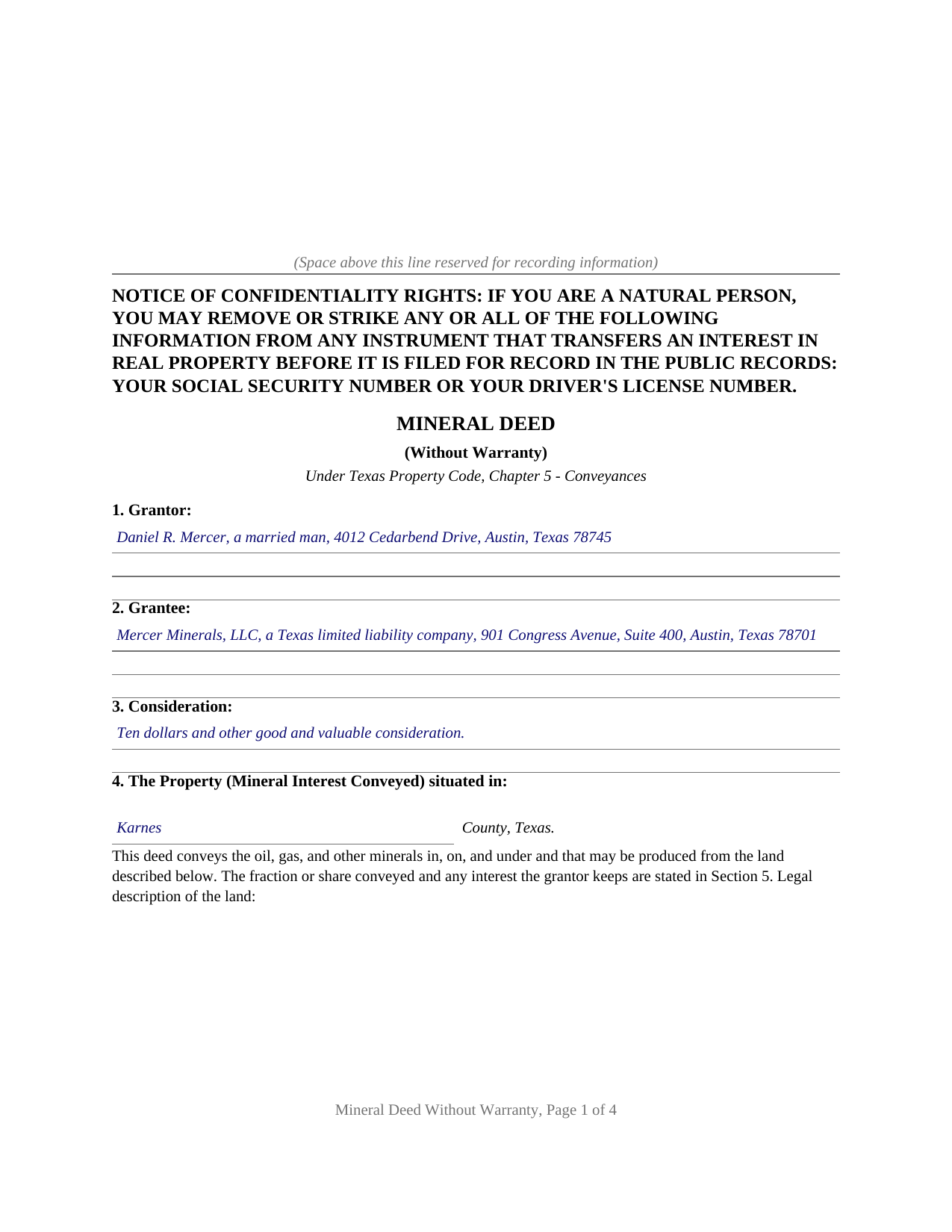 Coke County Completed Example of the Mineral Deed (No Warranty) Document