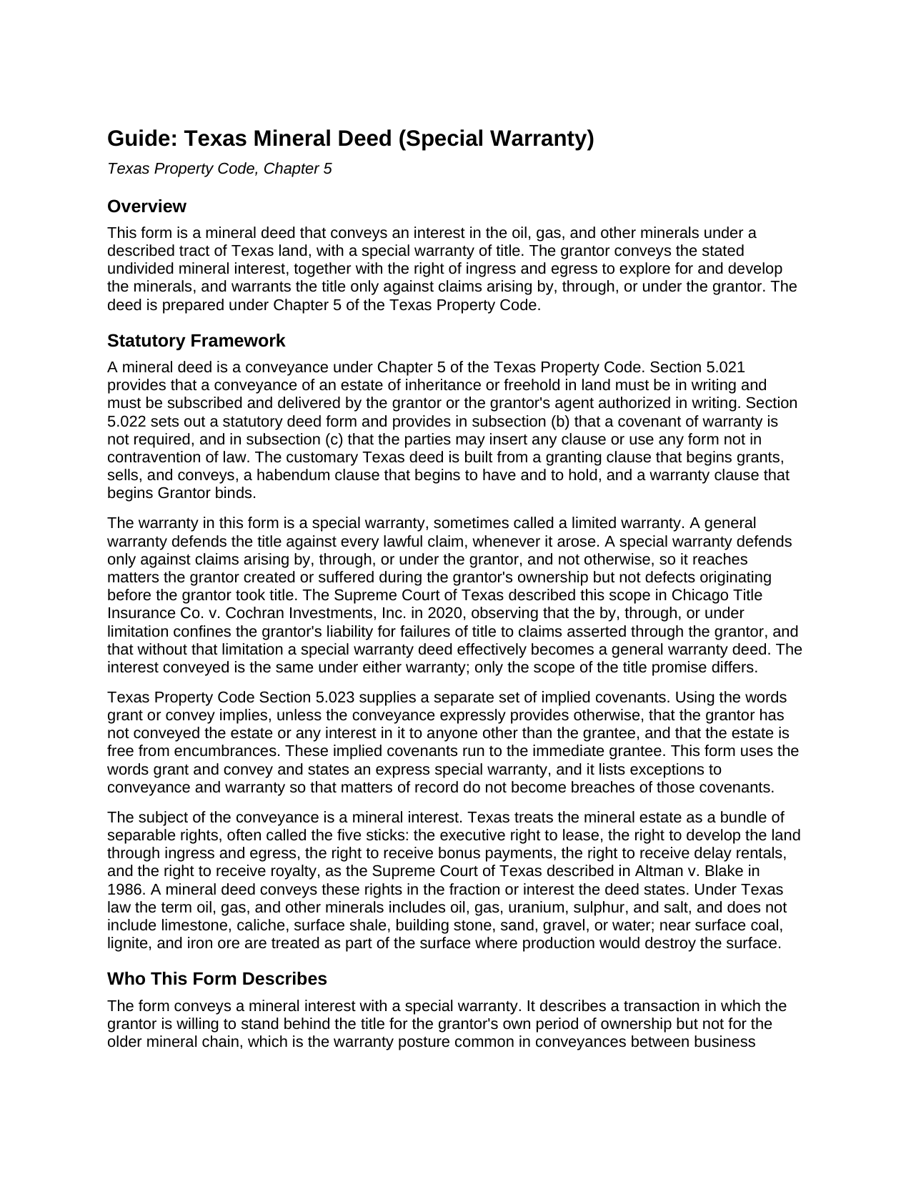 Hood County Mineral Deed (Special Warranty) Guide