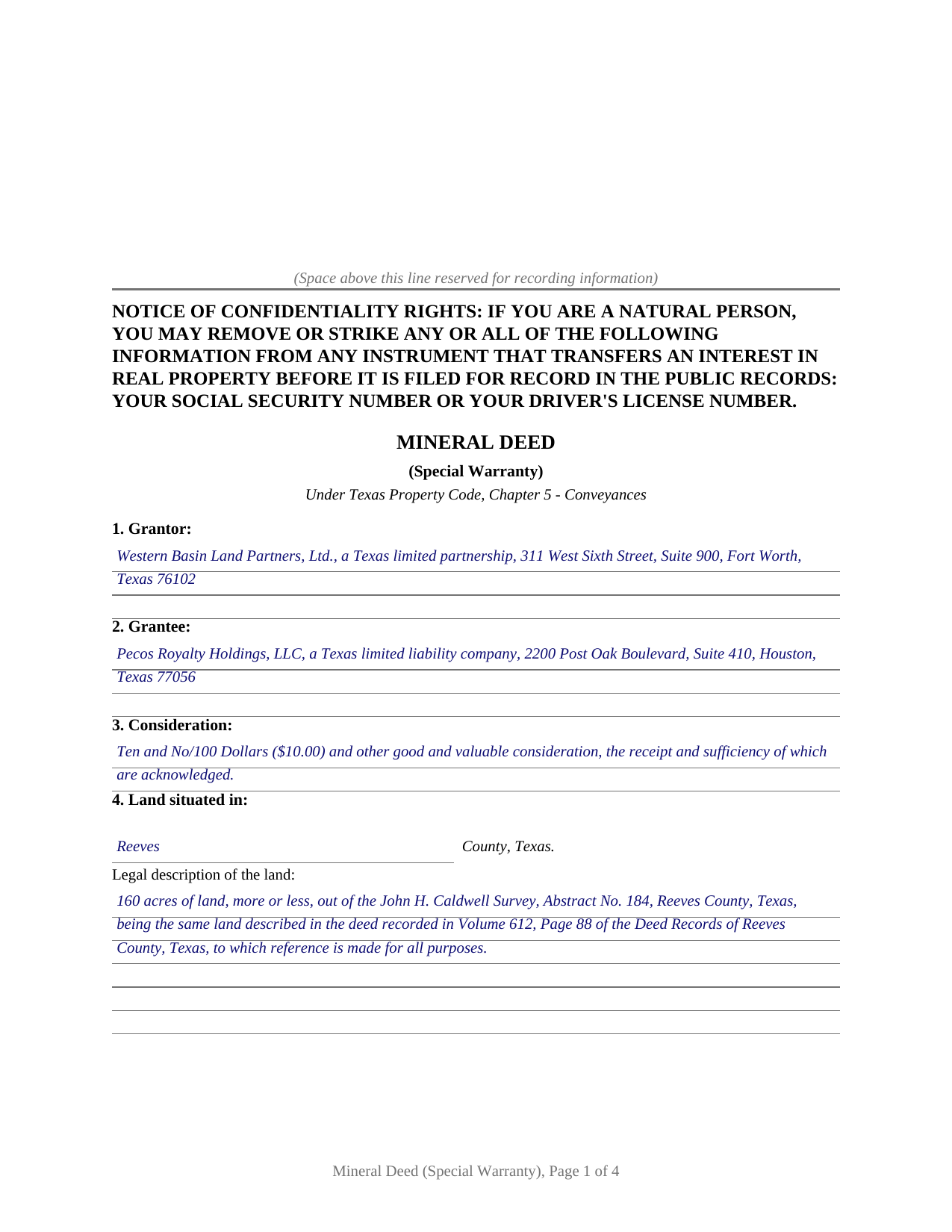 Hood County Completed Example of the Mineral Deed (Special Warranty) Document