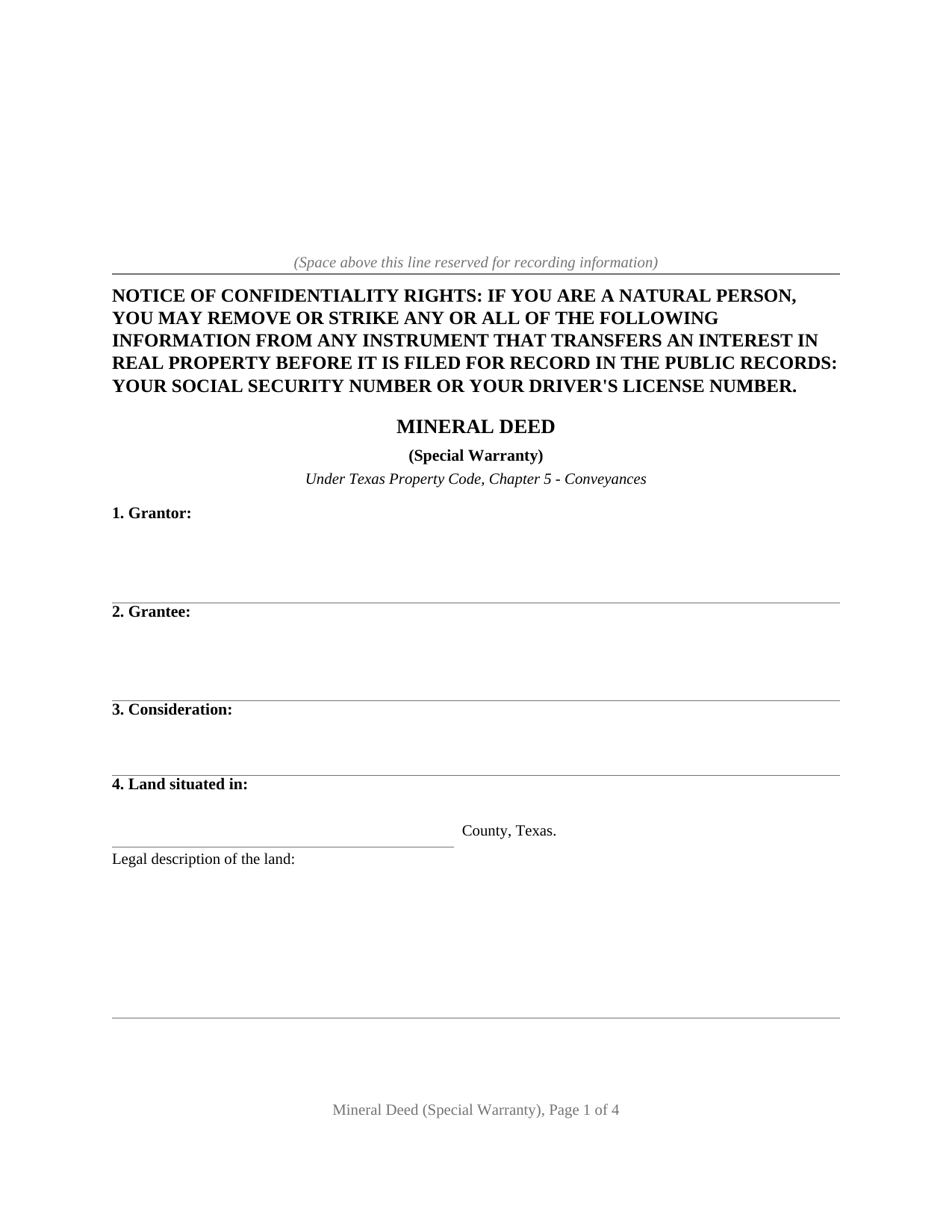 Rusk County Mineral Deed (Special Warranty) Form