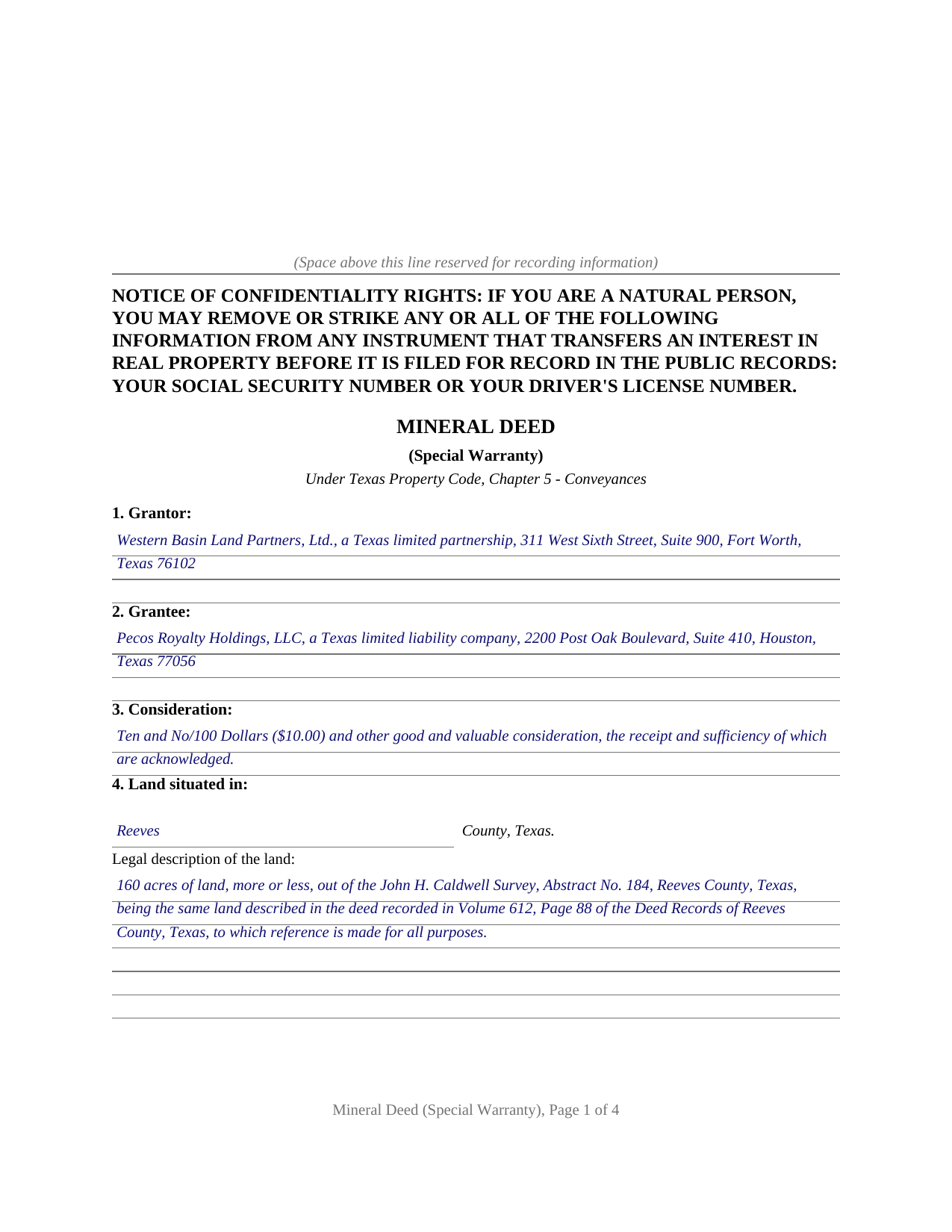 Rusk County Completed Example of the Mineral Deed (Special Warranty) Document