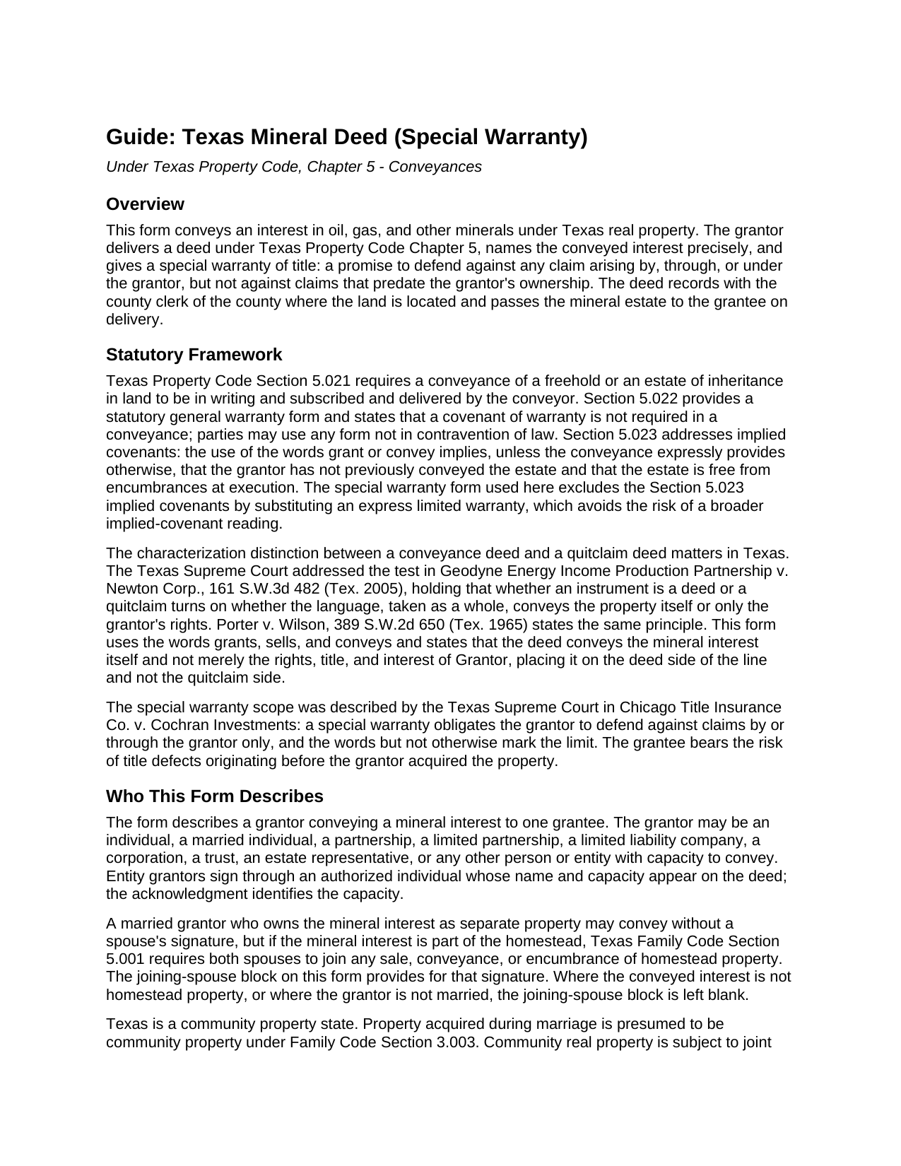 Rusk County Mineral Deed (Special Warranty) Guide