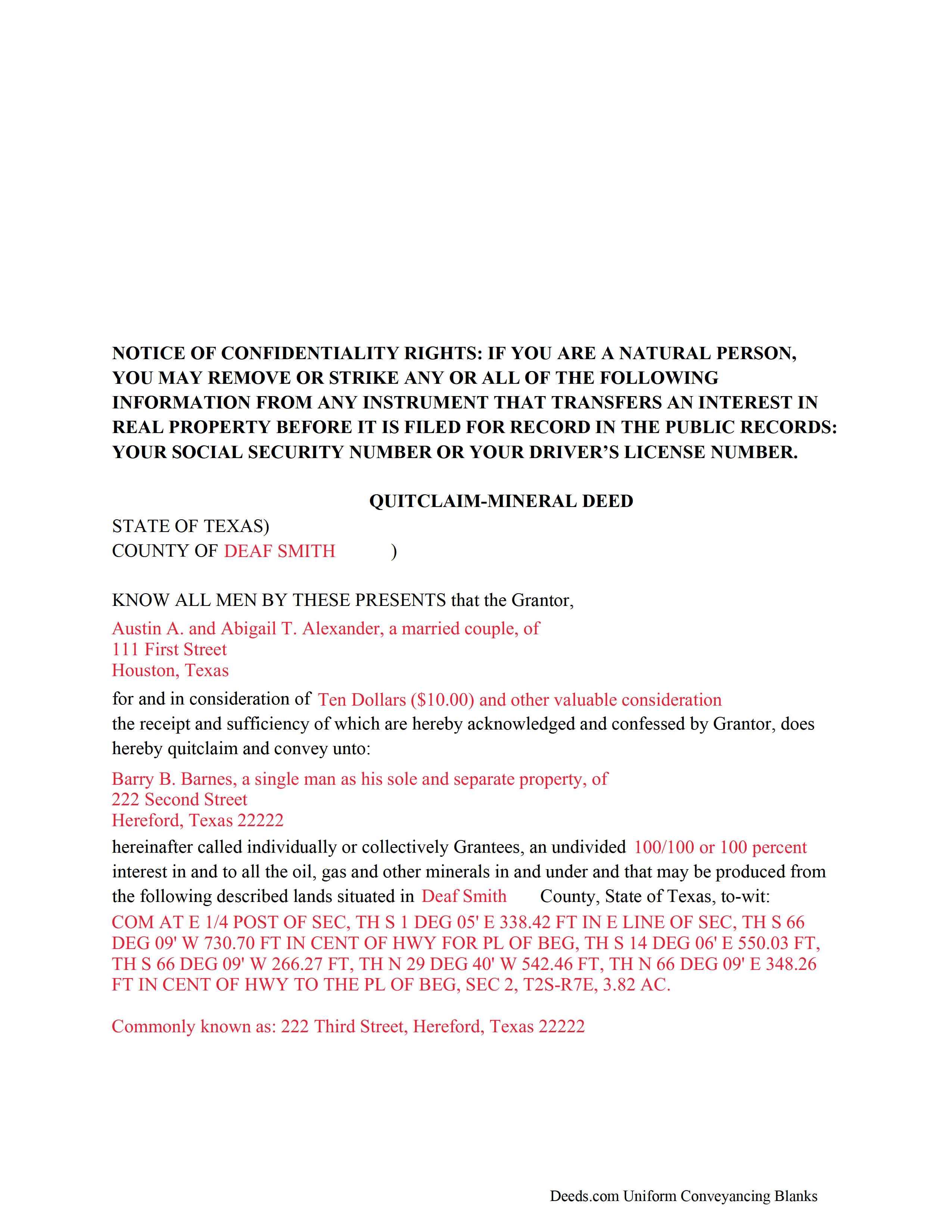 Completed Example of the Mineral Quitclaim Deed Document