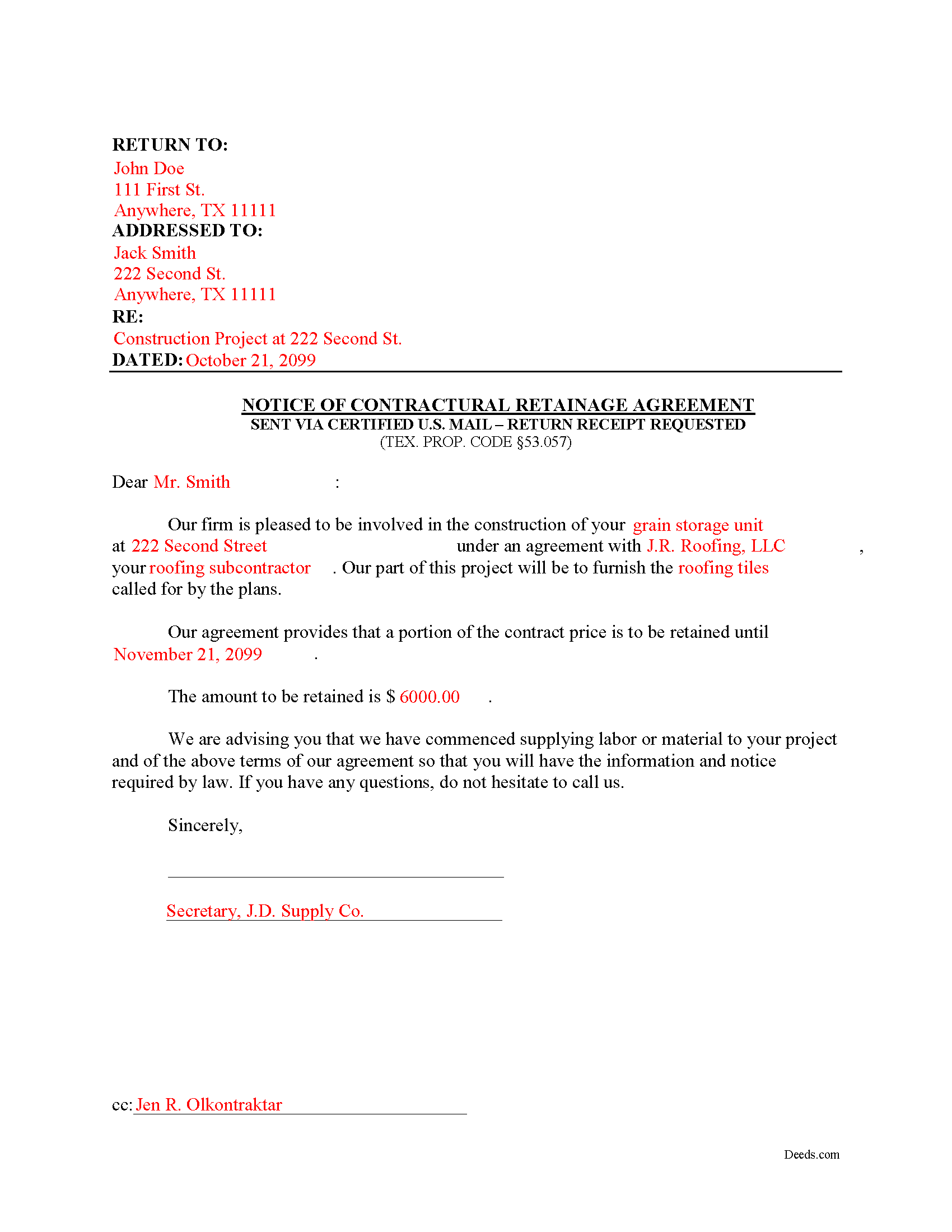 Completed Example of the Notice of Contractual Retainage Document