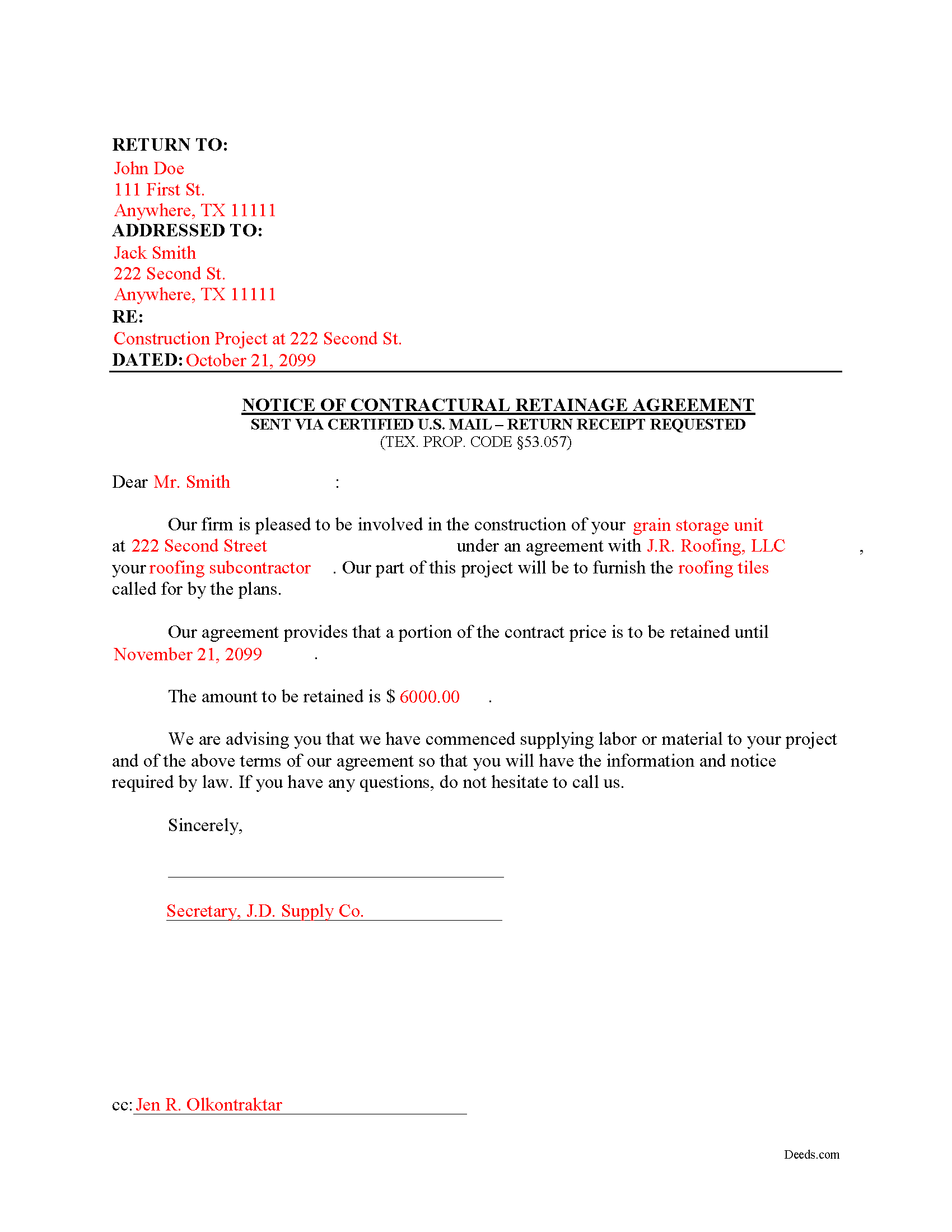 Midland County Completed Example of the Notice of Contractual Retainage Document