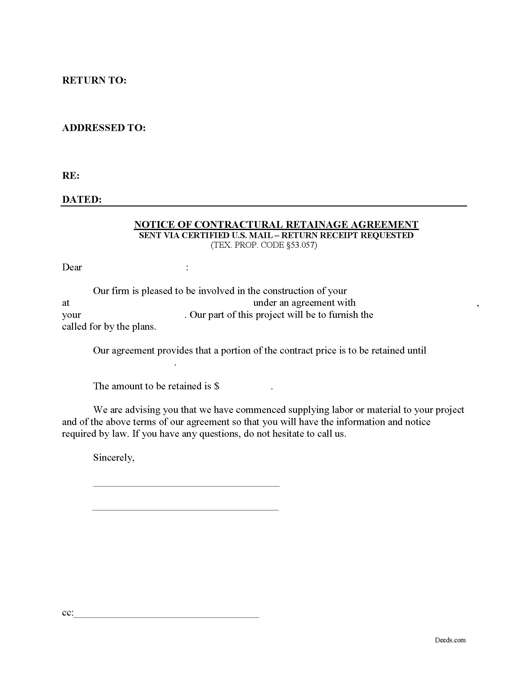 Midland County Notice of Contractual Retainage Form