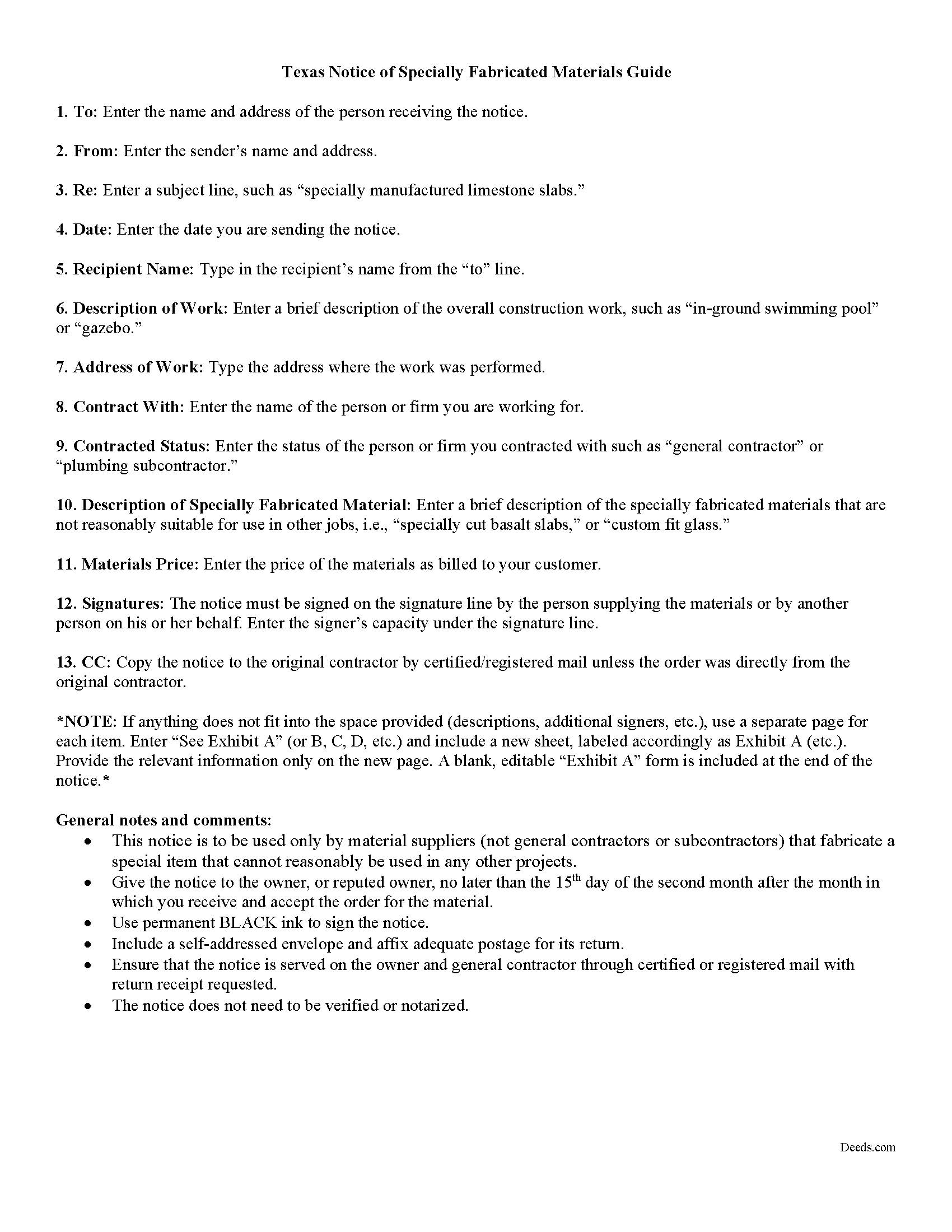 Milam County Notice of Specially Manufactured Materials Guide
