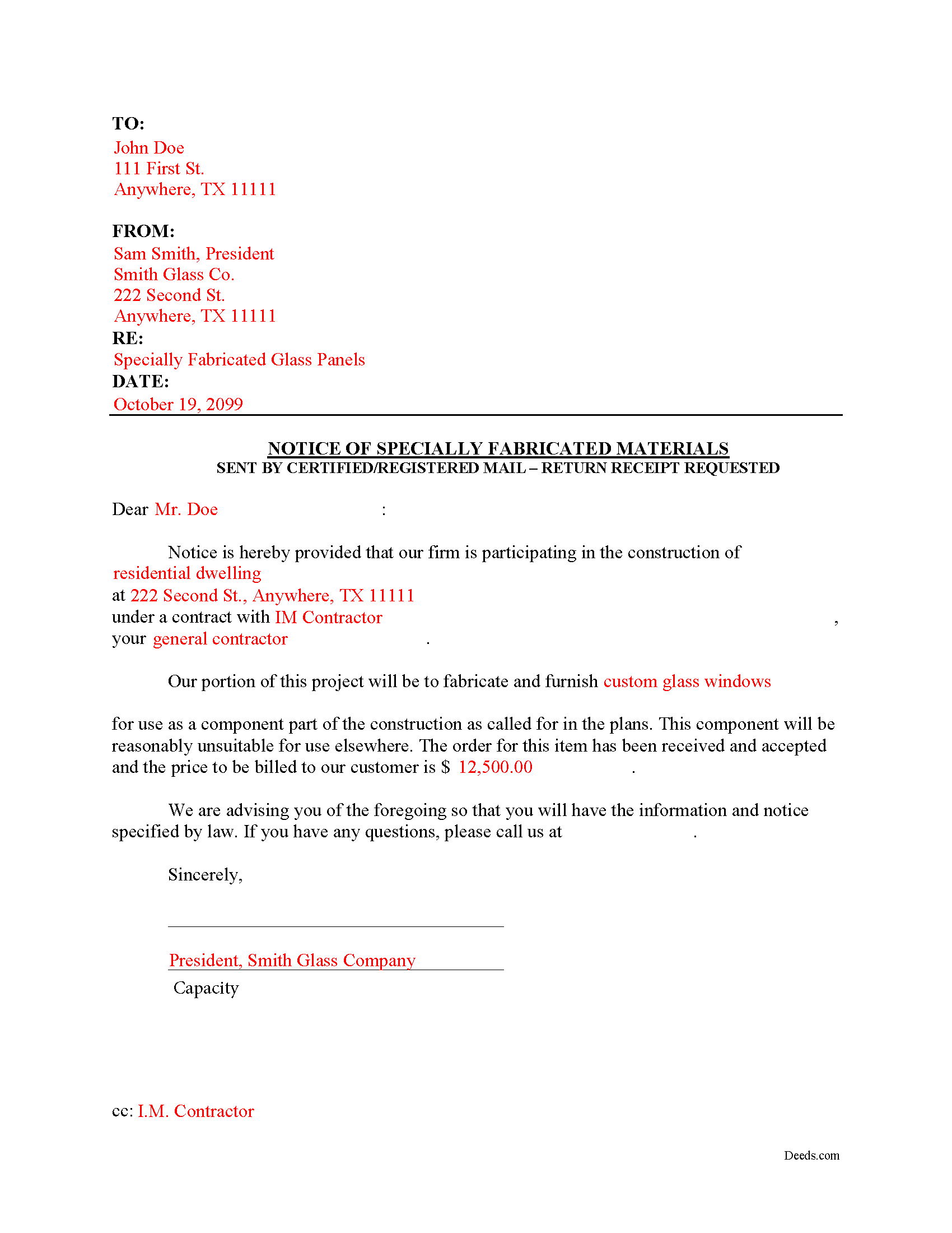 Milam County Completed Example of the Notice of Specially Manufactured Materials Document