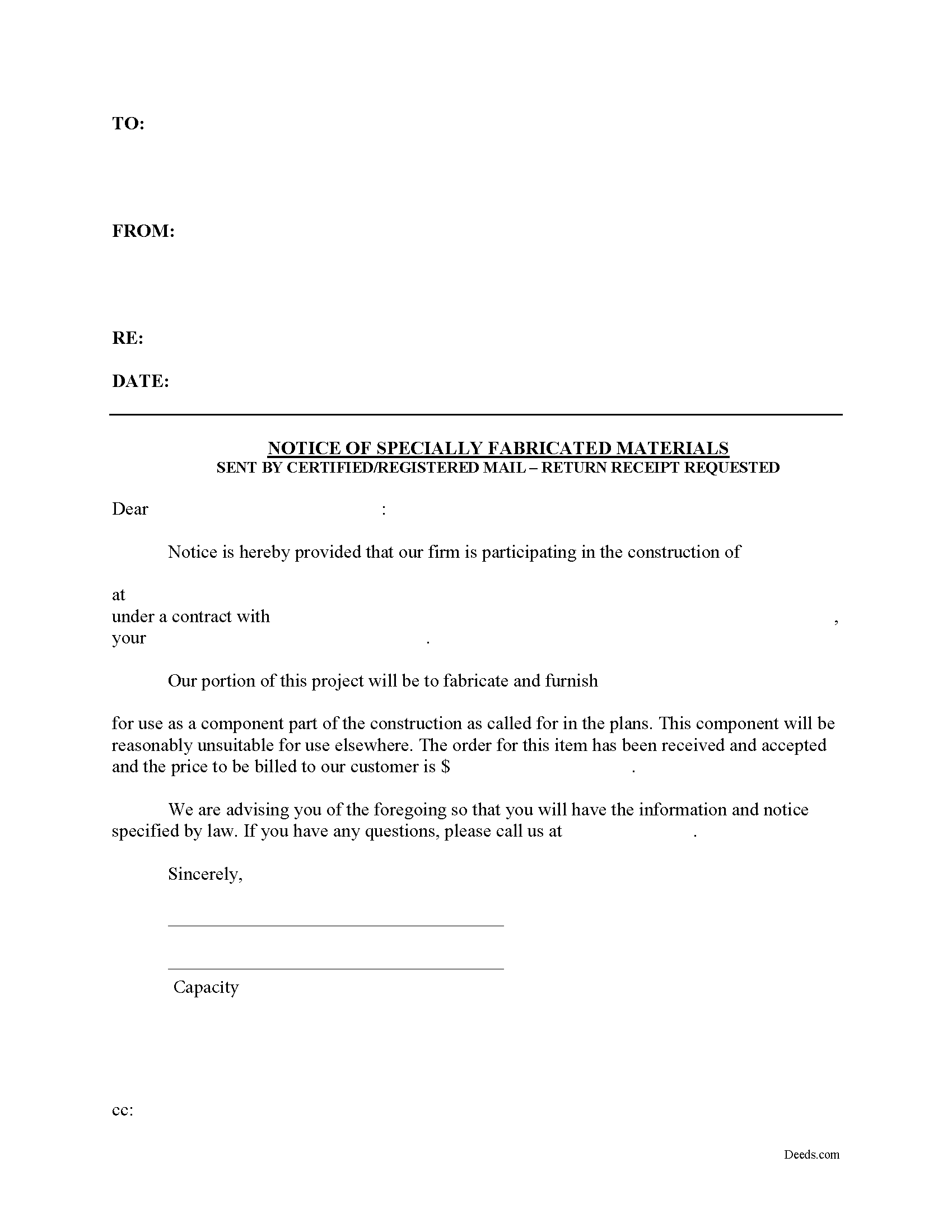 Milam County Notice of Specially Manufactured Materials Form