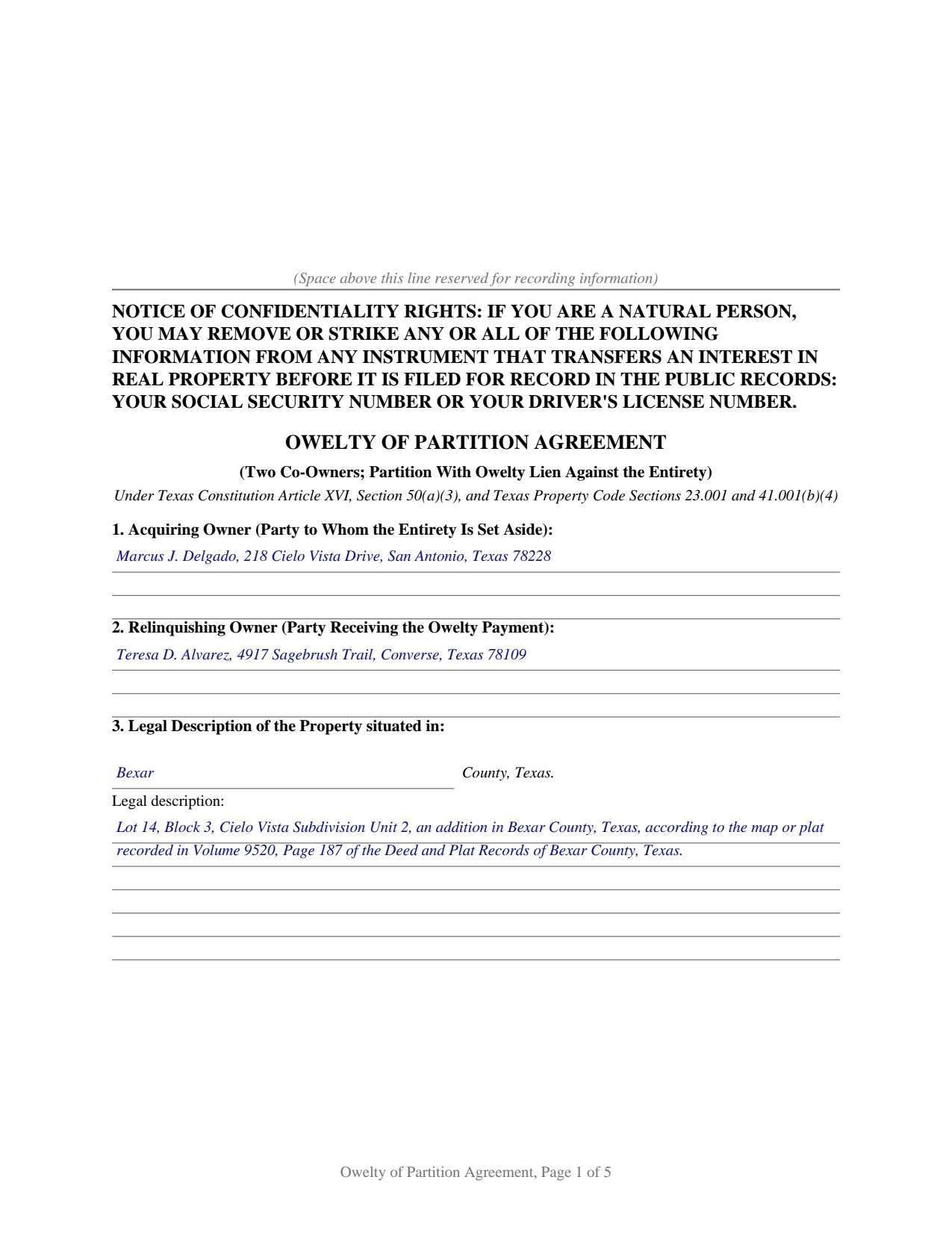 Delta County Completed Example of the Owelty of Partition Agreement Document