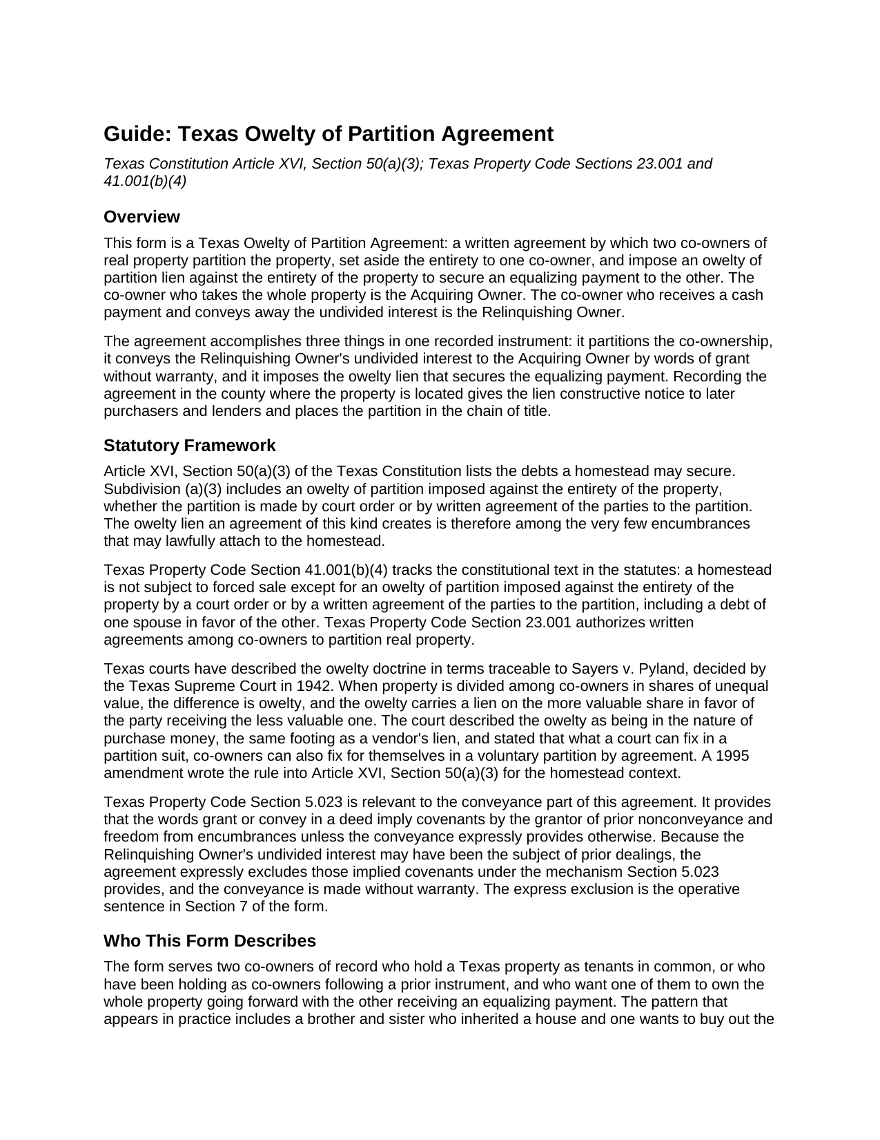 Fayette County Owelty of Partition Agreement Guide